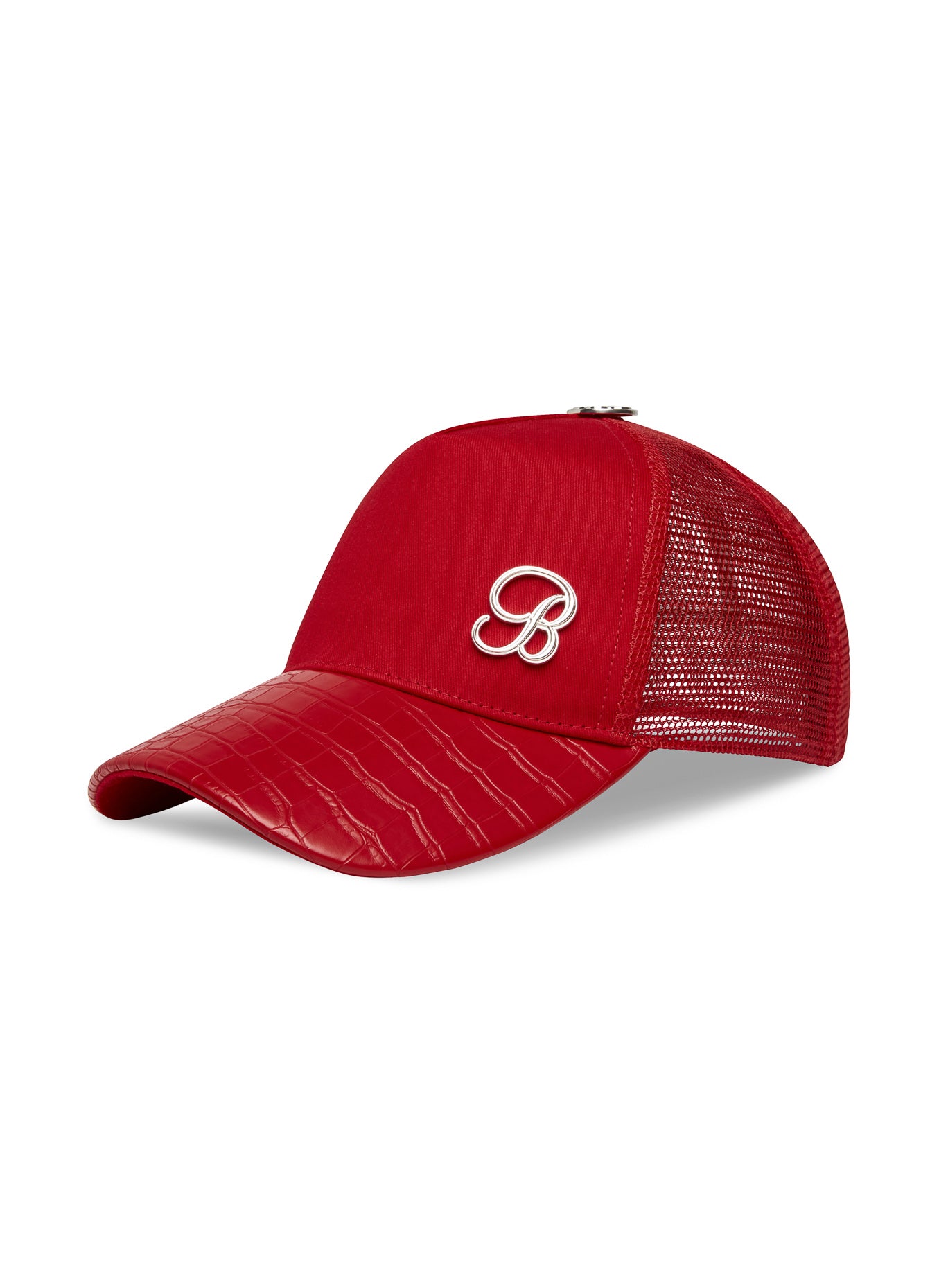 Red Denim Crocodile Hat with textured PU leather brim and breathable mesh for gym workouts.