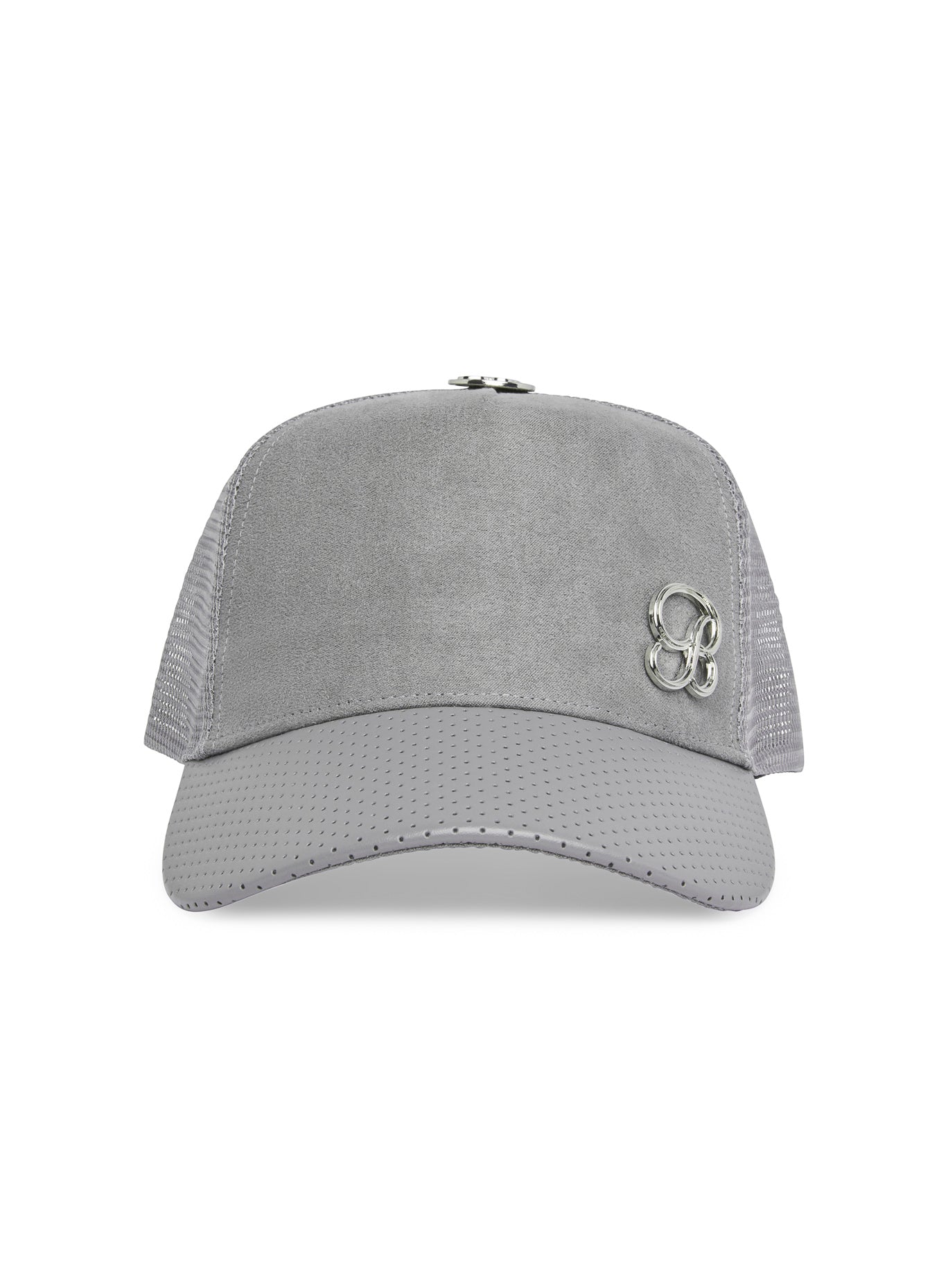 Grey Perforated Suede Hat featuring a breathable mesh back and gunmetal logo for gym style.