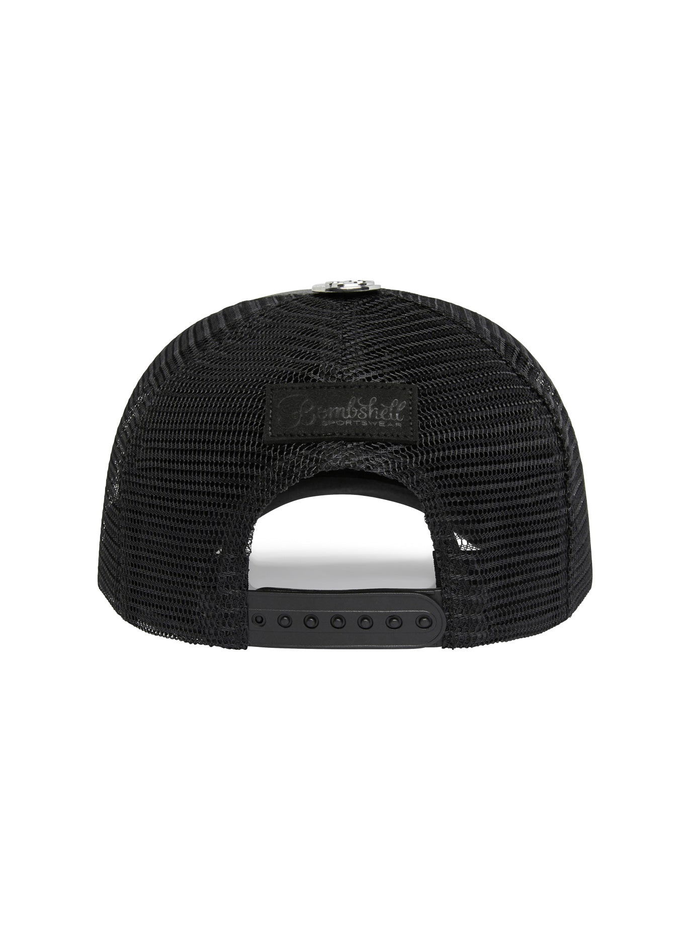 Black Faux Leather Hat with breathable athletic mesh and an adjustable snapback back profile.