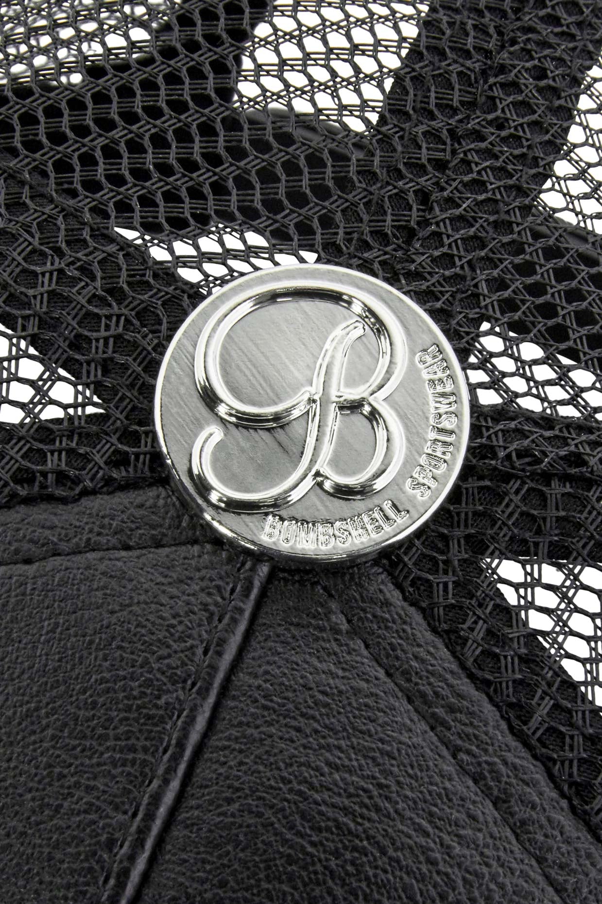 picture of the bombshell logo on our black faux leather hat