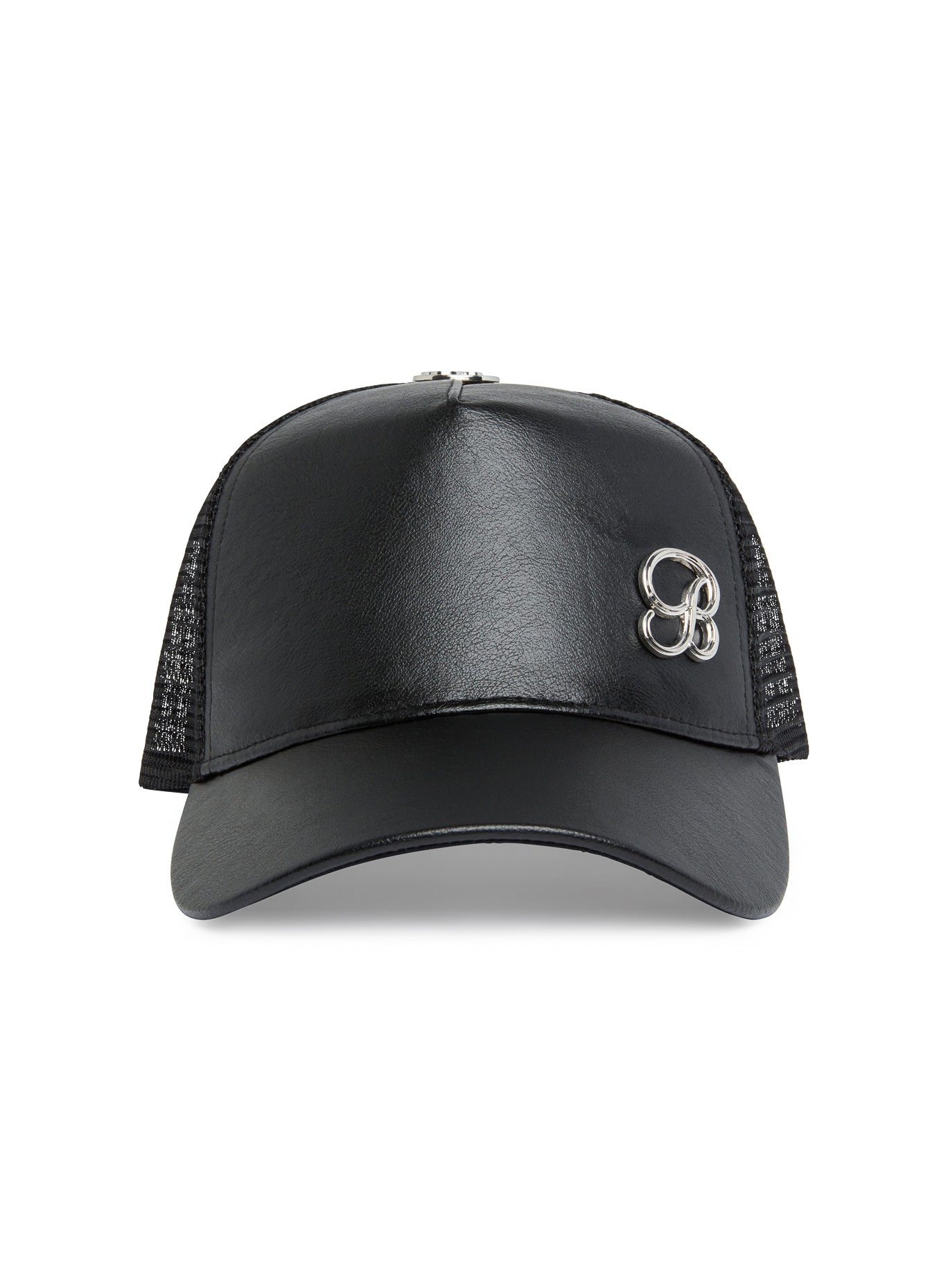 Structured Black Faux Leather Hat with a premium trucker fit and breathable mesh back.