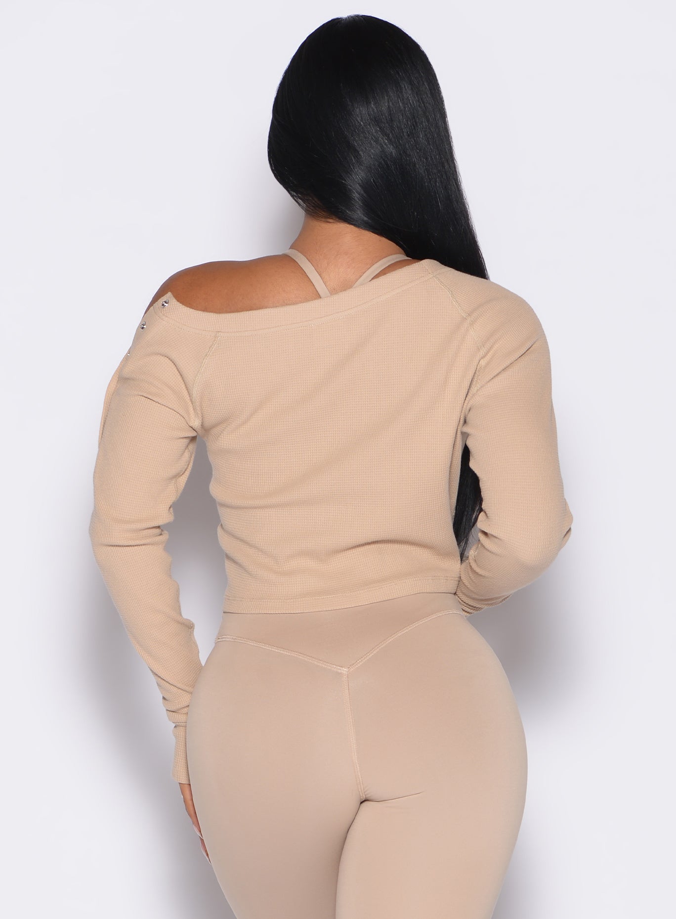 Glacial Beige Allure Pullover with a waffle knit and back snap details for a refined everyday fit.