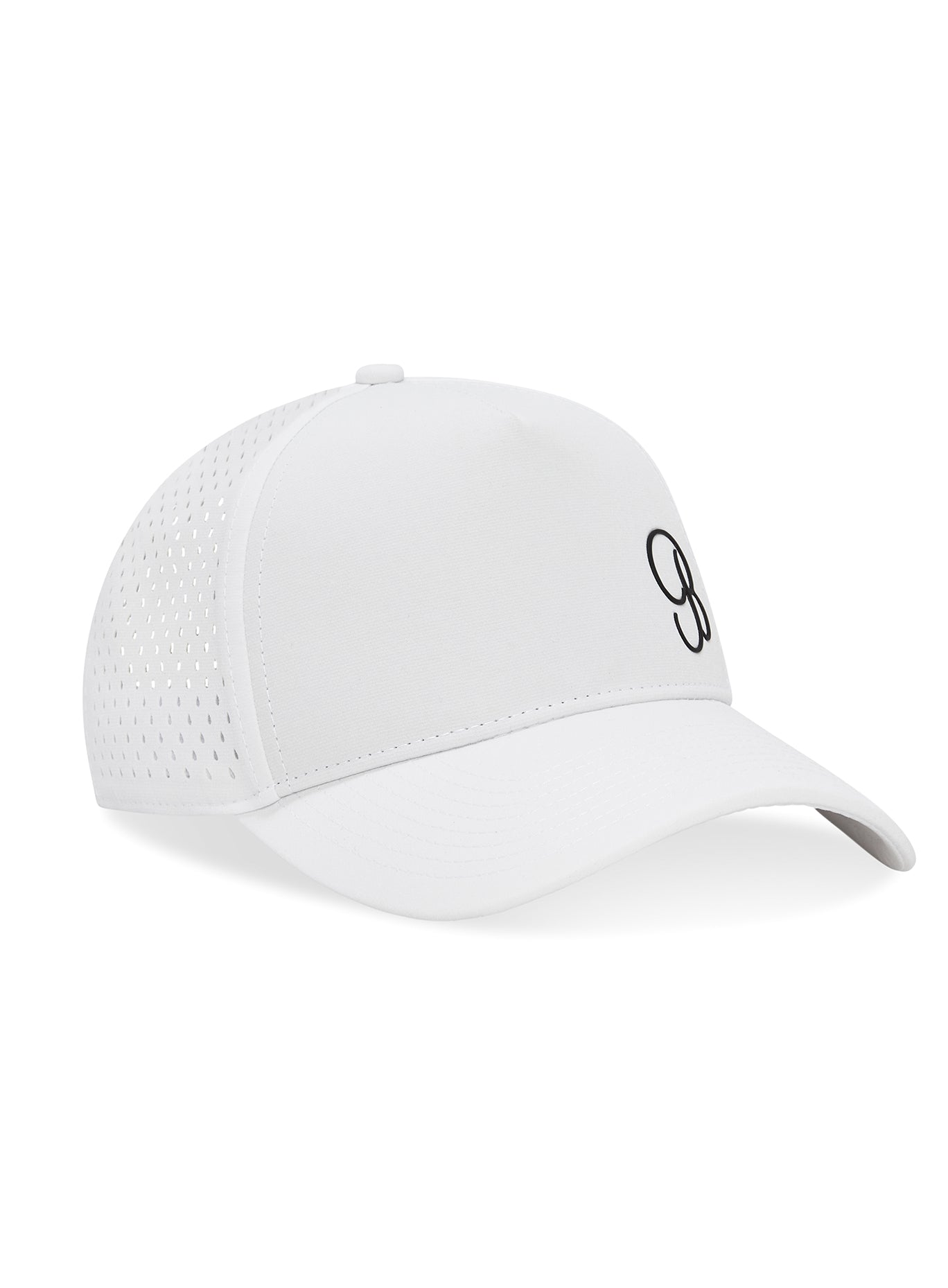 White B Active Hat from a right side profile view, a stylish and breathable gym trucker cap.