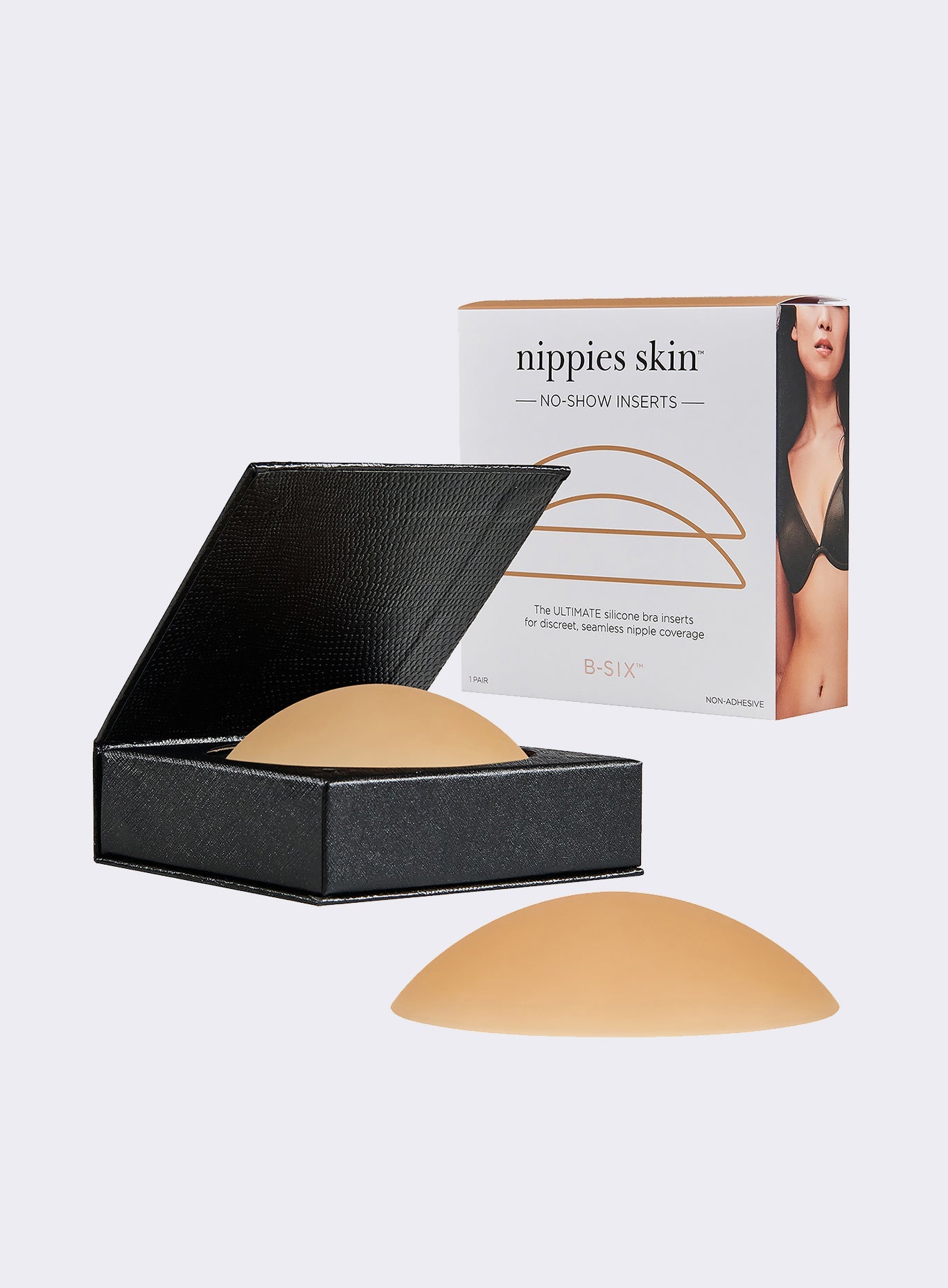 Bombshell Caramel Nippies adhesive covers with a sleek, magnetic storage case for travel.