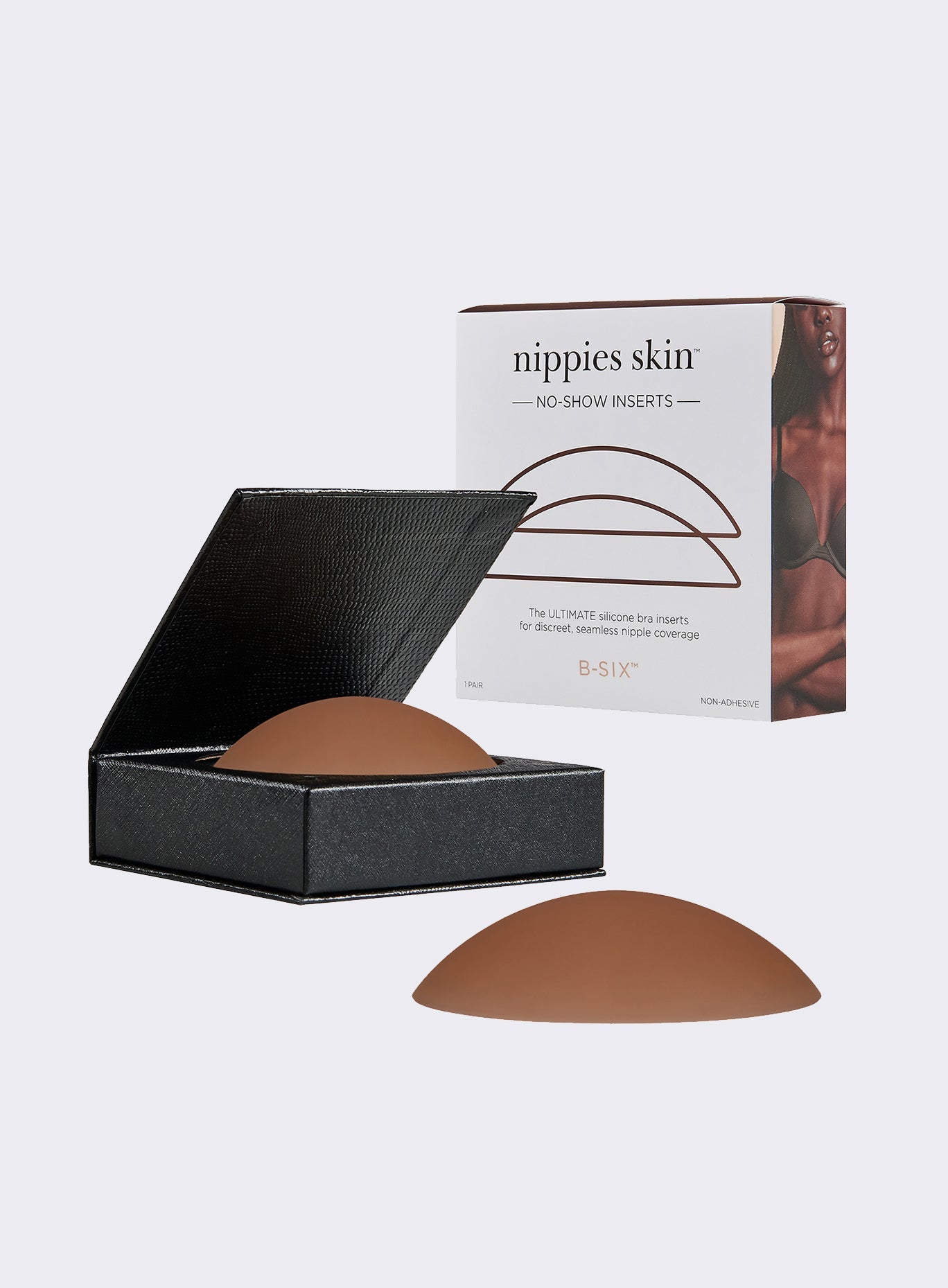 picture of two nippies in espresso color along with the packaging box