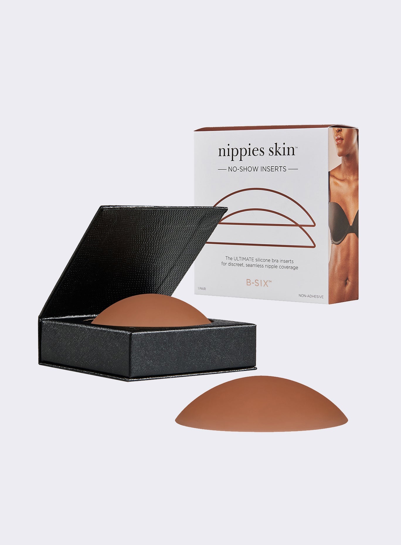 Matte Hazelnut Nippies with a travel box for seamless, undetectable coverage under gym wear.