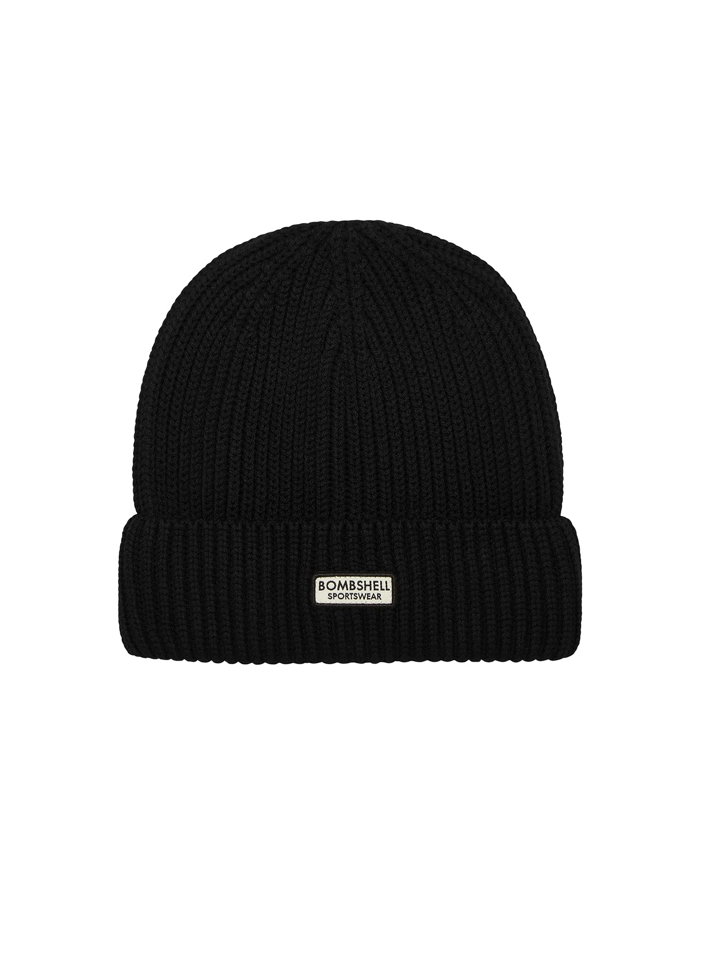 Black B Beanie in a soft ribbed knit featuring a front-facing silver Bombshell logo.