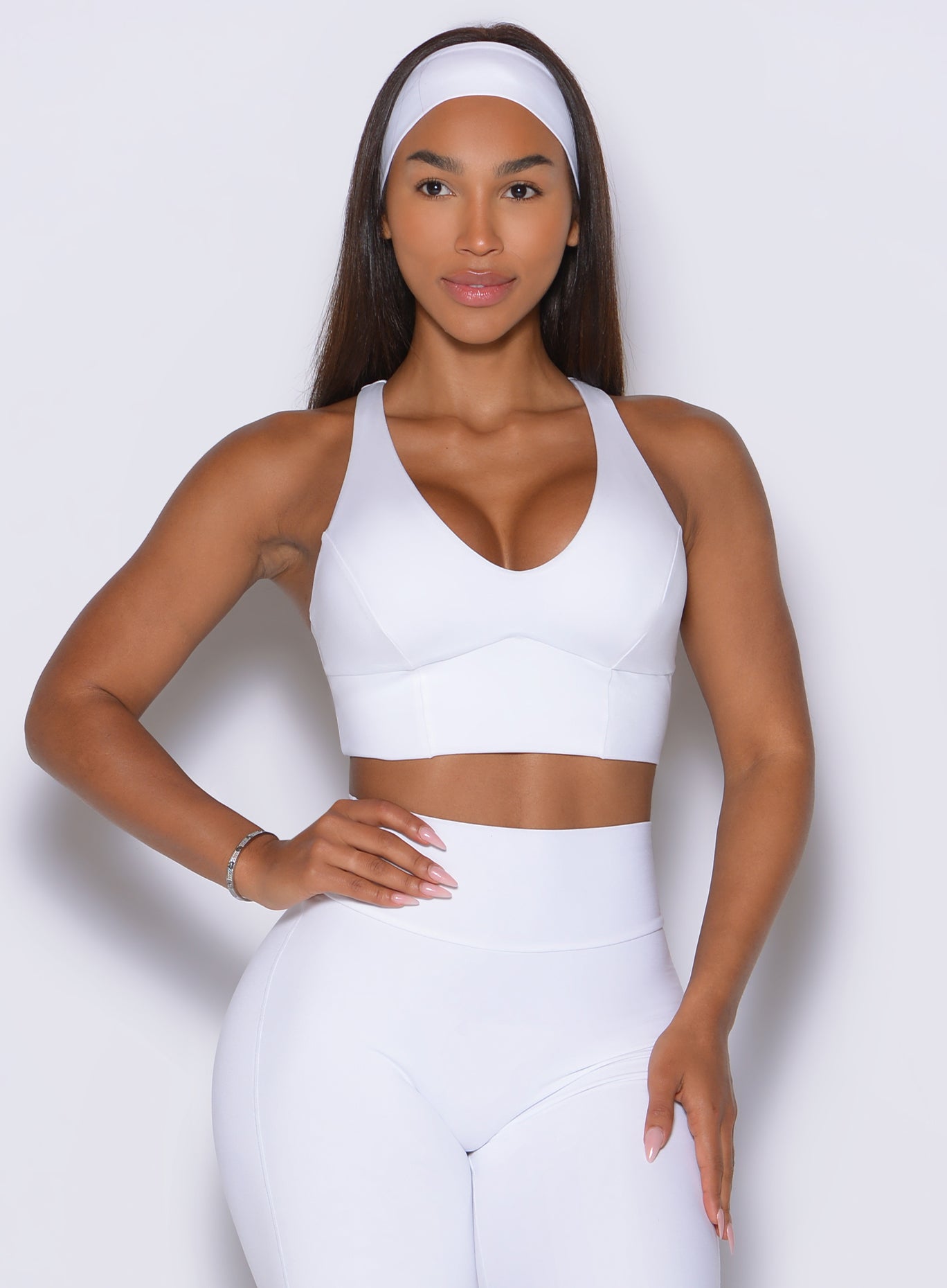 Bright white Body Sculpt Bra providing a compression fit and flattering shape for lifting heavy