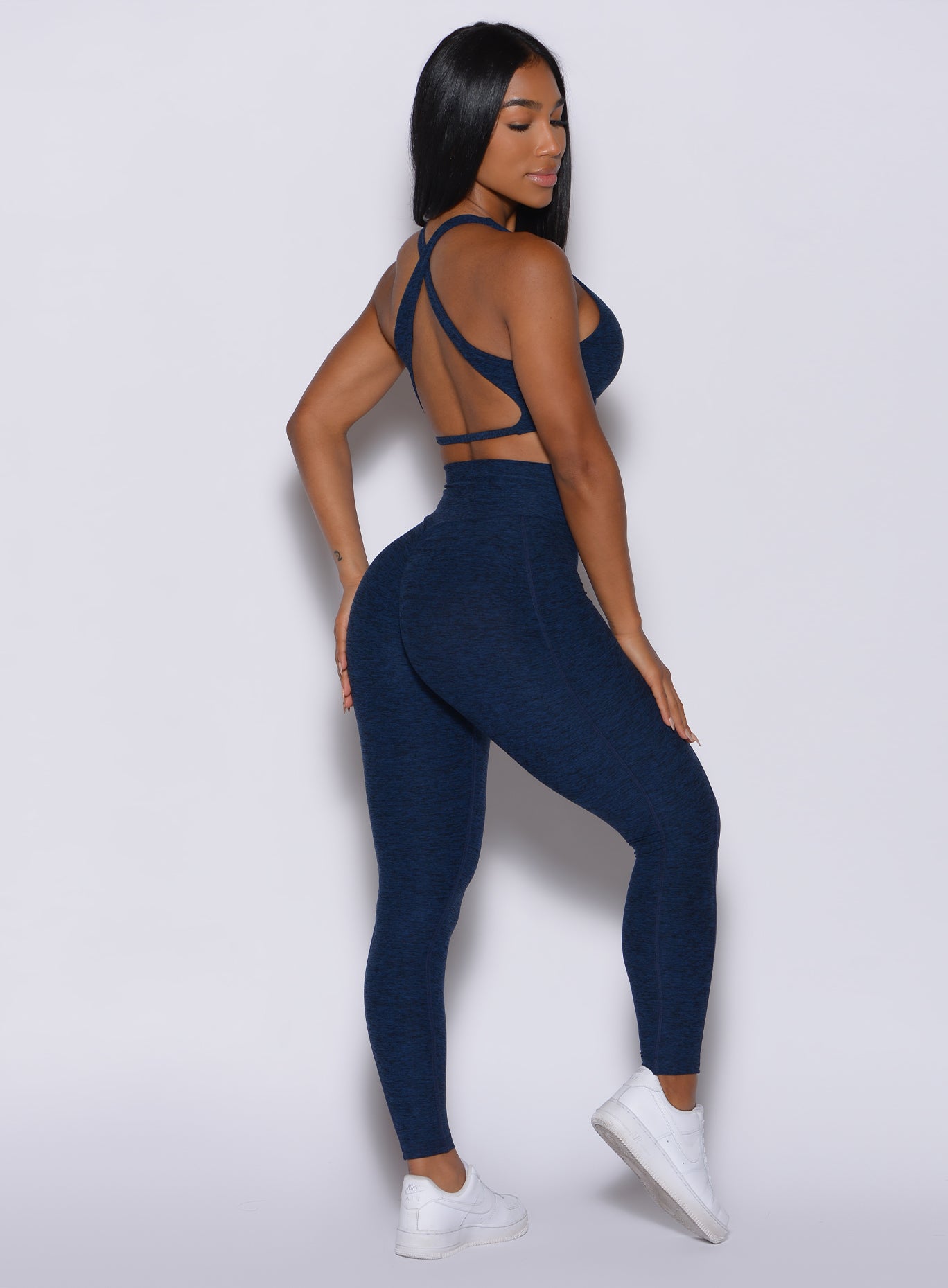 Sapphire Blue Brazilian Contour Leggings with a V-cut crossover waist and sculpted side seams.