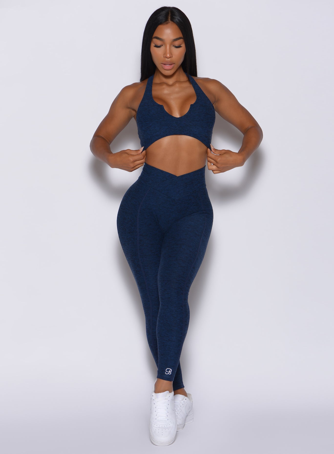 Sapphire Blue Brazilian Contour Leggings with a sculpting V-cut waistband and scrunch butt fit.