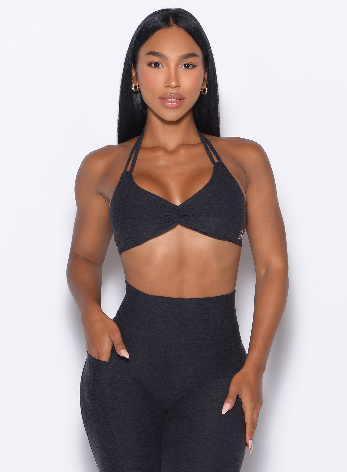 Onyx Butterfly Sports Bra with a contoured deep V-front and double adjustable halter straps.