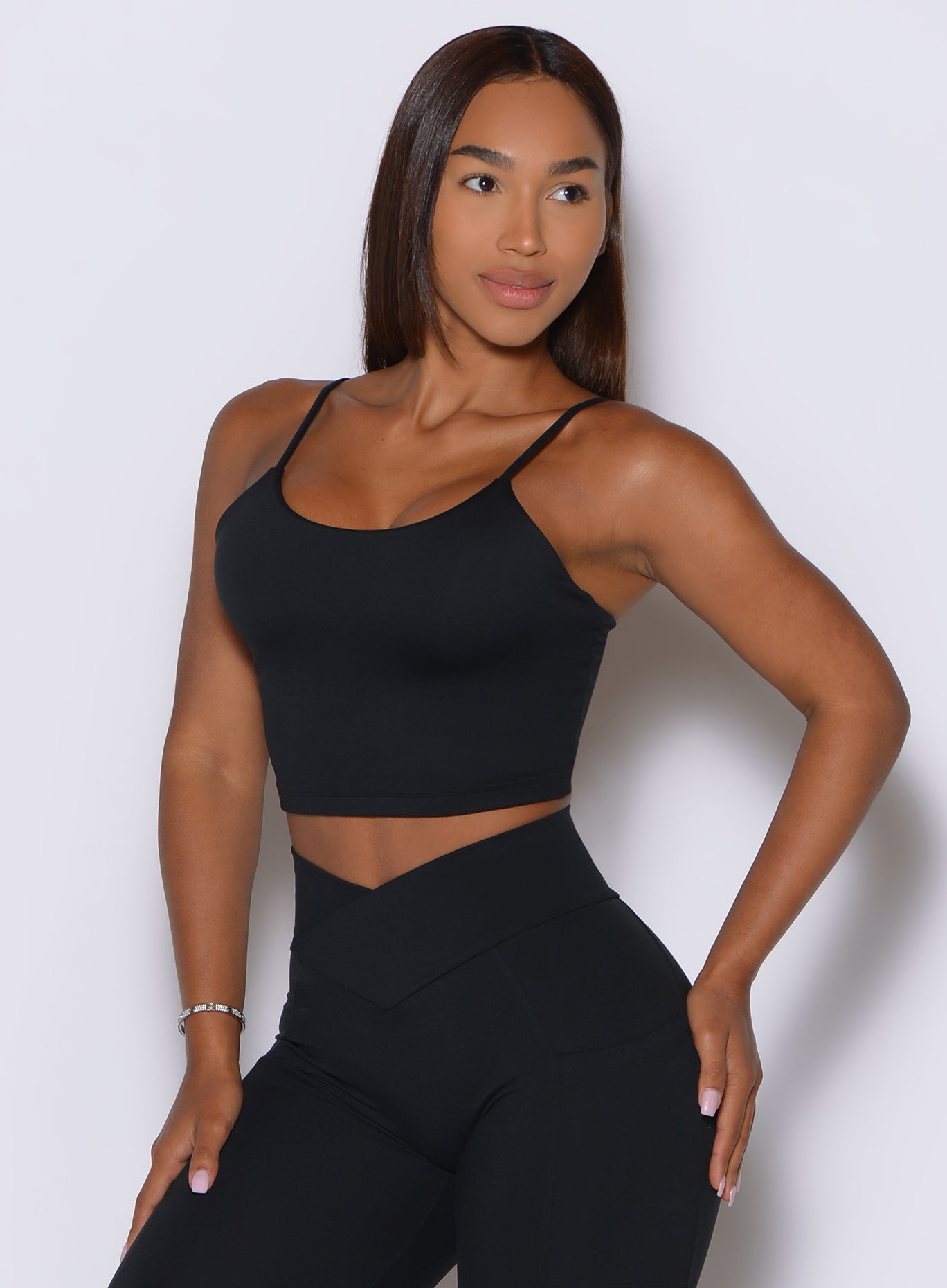 Cinch Cami Tank in Black pairs a feminine neckline with adjustable straps and soft stretch