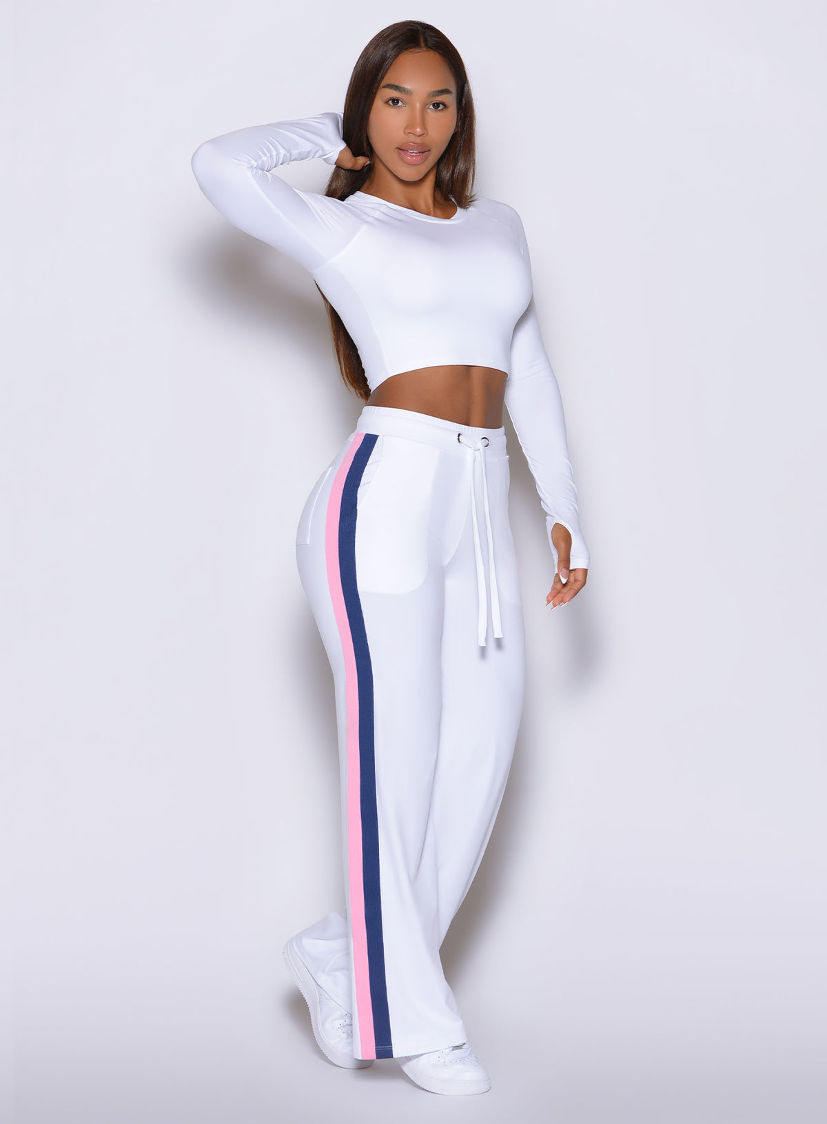 Bombshell Sportswear White Club Lounge Pants with pink and navy side stripes and tie cords.