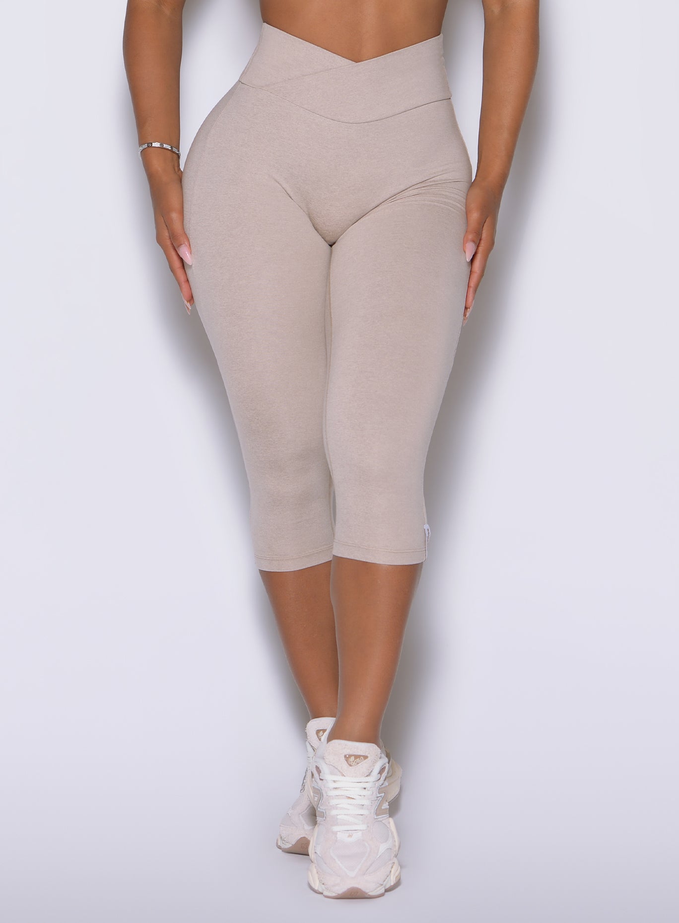 Taupe Contour Capri Leggings detail showing a smooth, flattering fit for your muscles