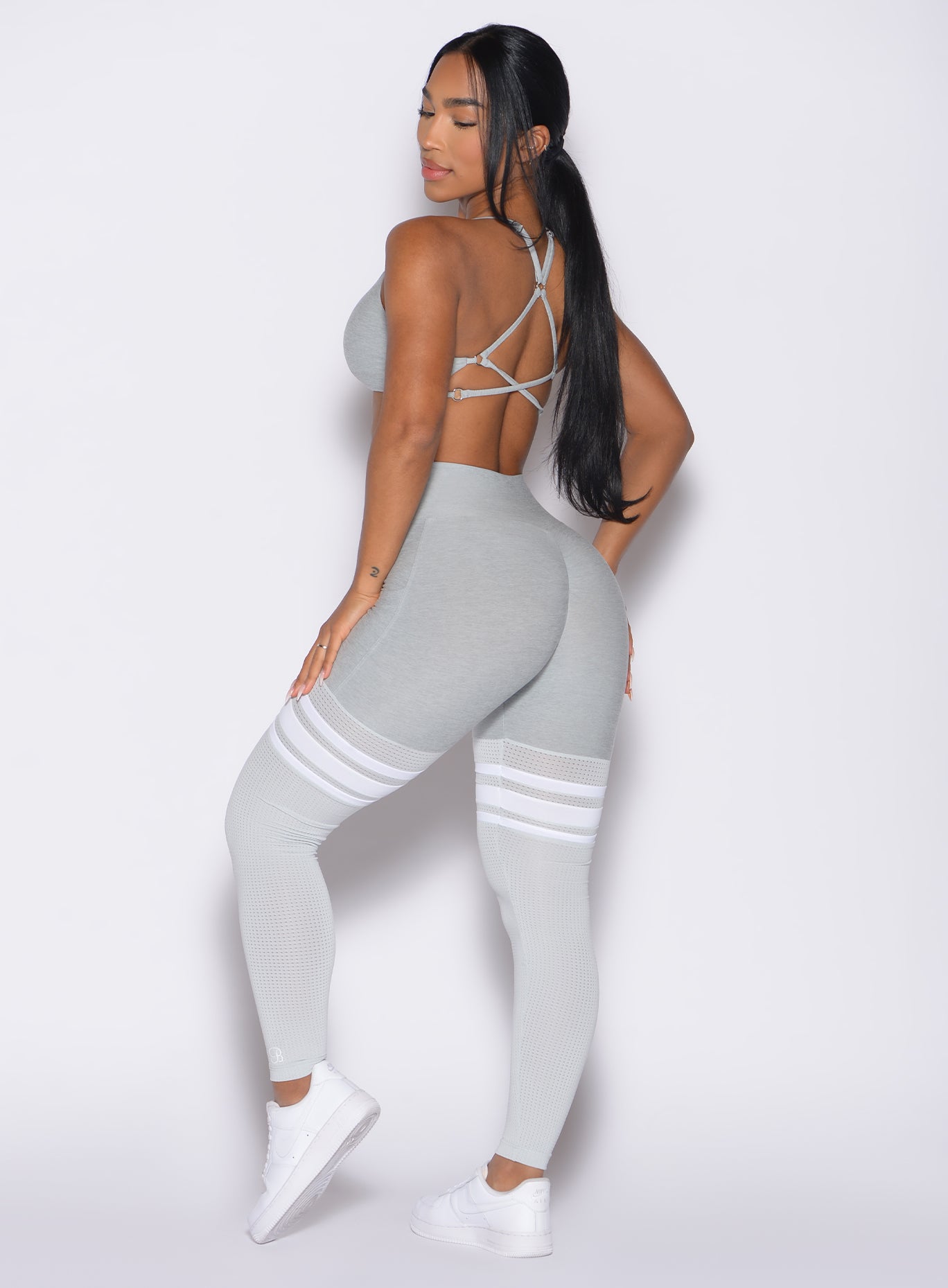 Sculpting Light Cloud Contour Thigh-Highs with a V-waist and mesh for breathable gym performance.
