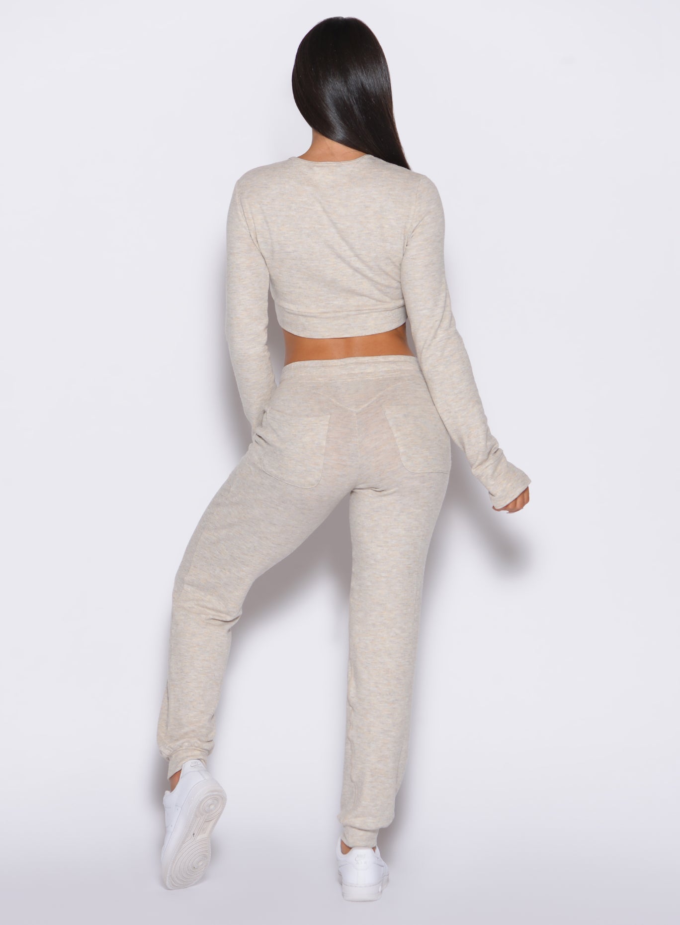 Soft Hacci knit Cuddle Up Joggers in Cozy Oat with flattering back pockets for effortless lounging.