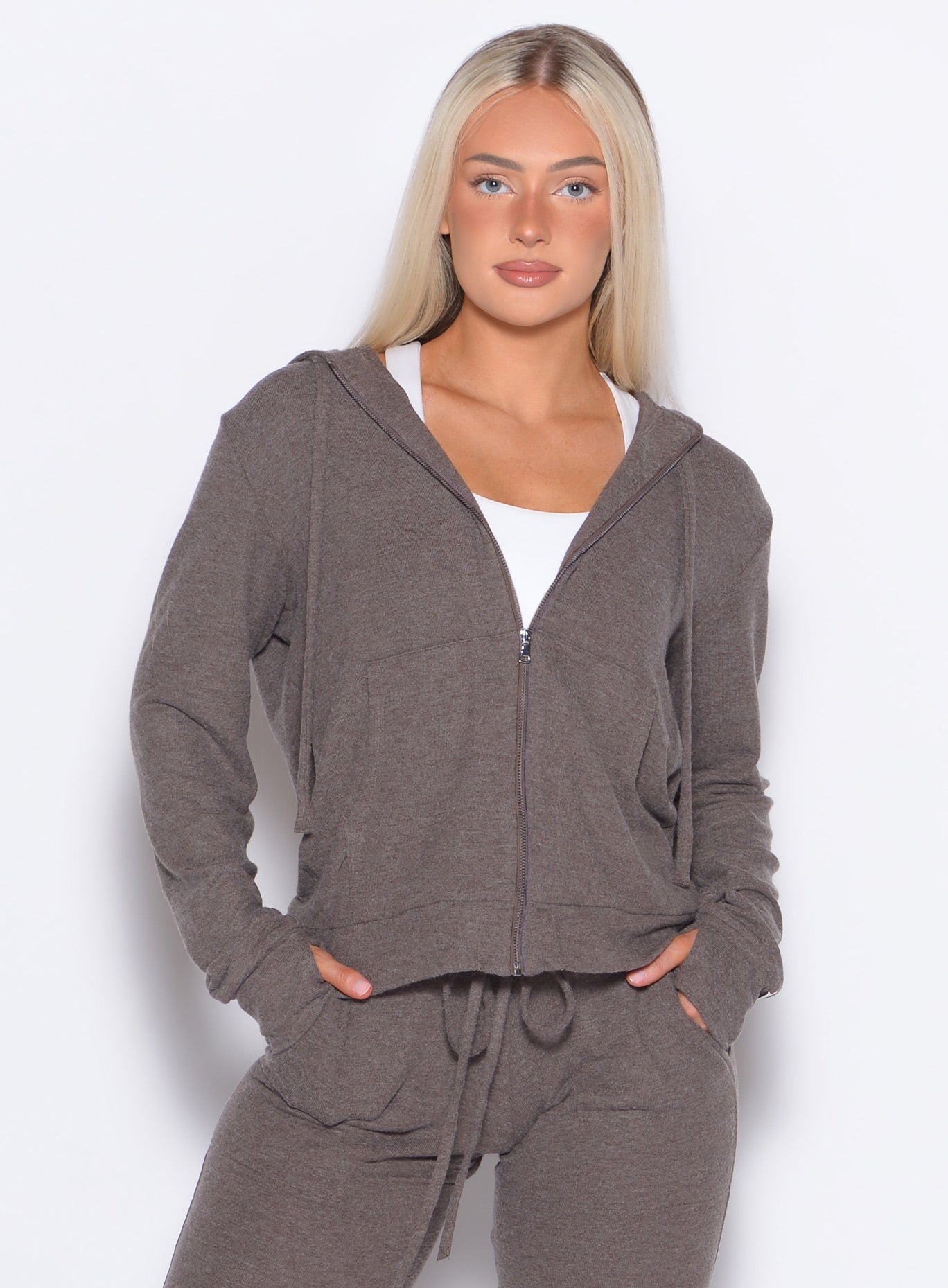 Cozy Chocolate Gym Crush Hoodie with a full-zip front and thumbholes for effortless lounge style.