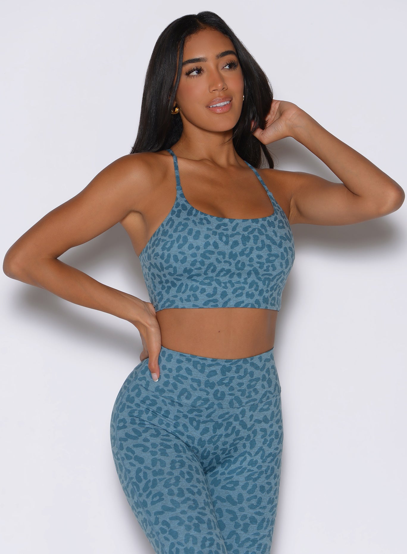 Baby Blue Cheetah Cross Fit Bra featuring a strappy open-back and sculpting performance fit.