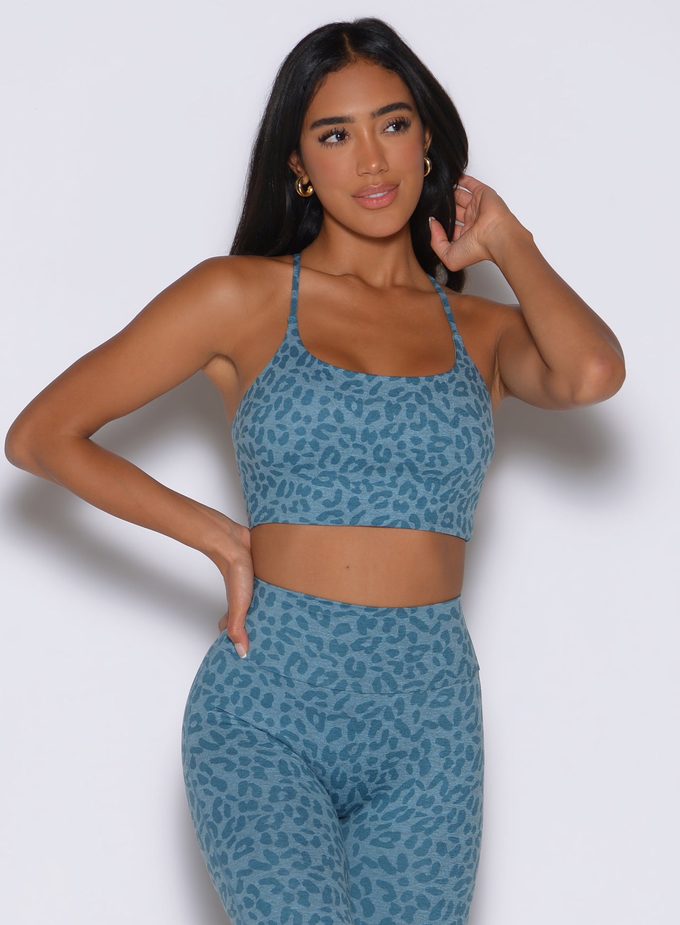Baby Blue Cheetah Cross Fit Bra featuring a scoop neckline and strappy open-back design.