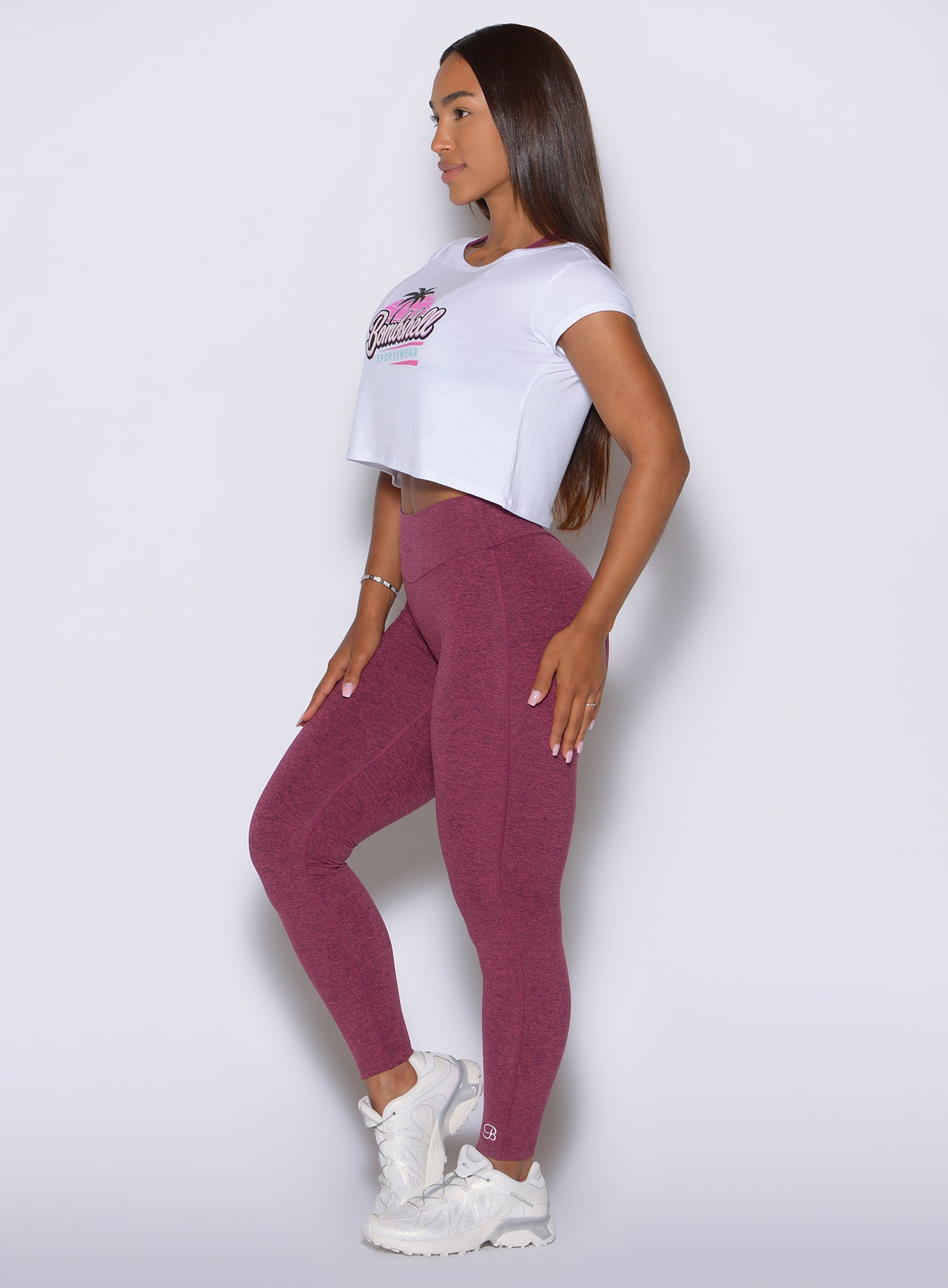 RaspberryRed heathered leggings feature a 26 inch inseam and non sagging stretch fit.