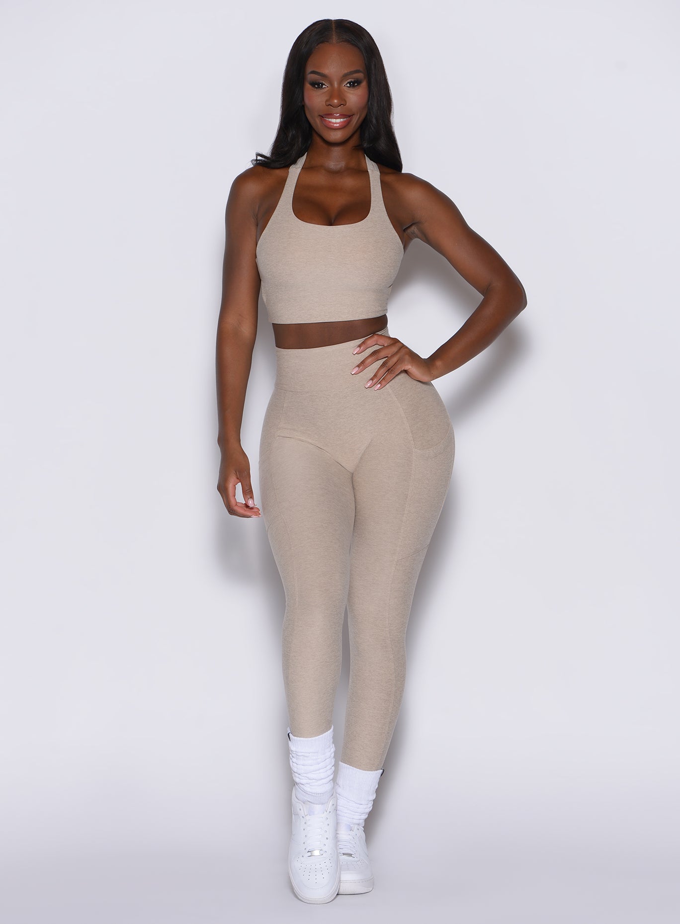 High-waisted taupe Curves Leggings with a scrunch booty lift for a sculpted gym look.