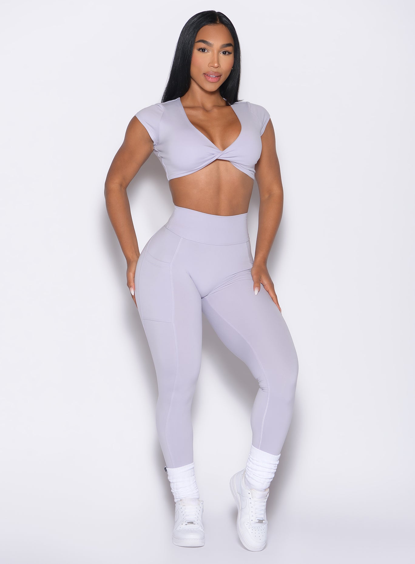 Galactic Lilac Define Leggings: a second-skin, high-waisted gym essential with functional pockets.
