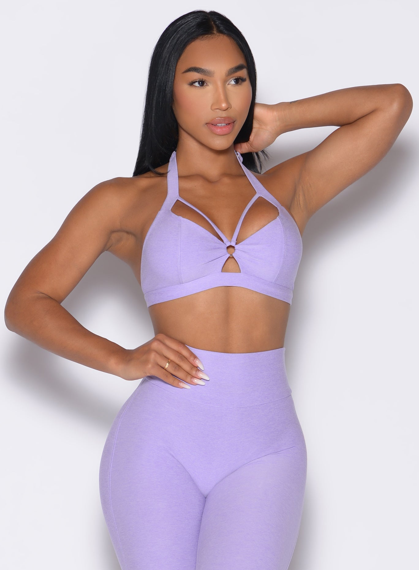 Sugared Lilac Iron Edge Bra with front keyhole and supportive cups for high-impact gym sessions.