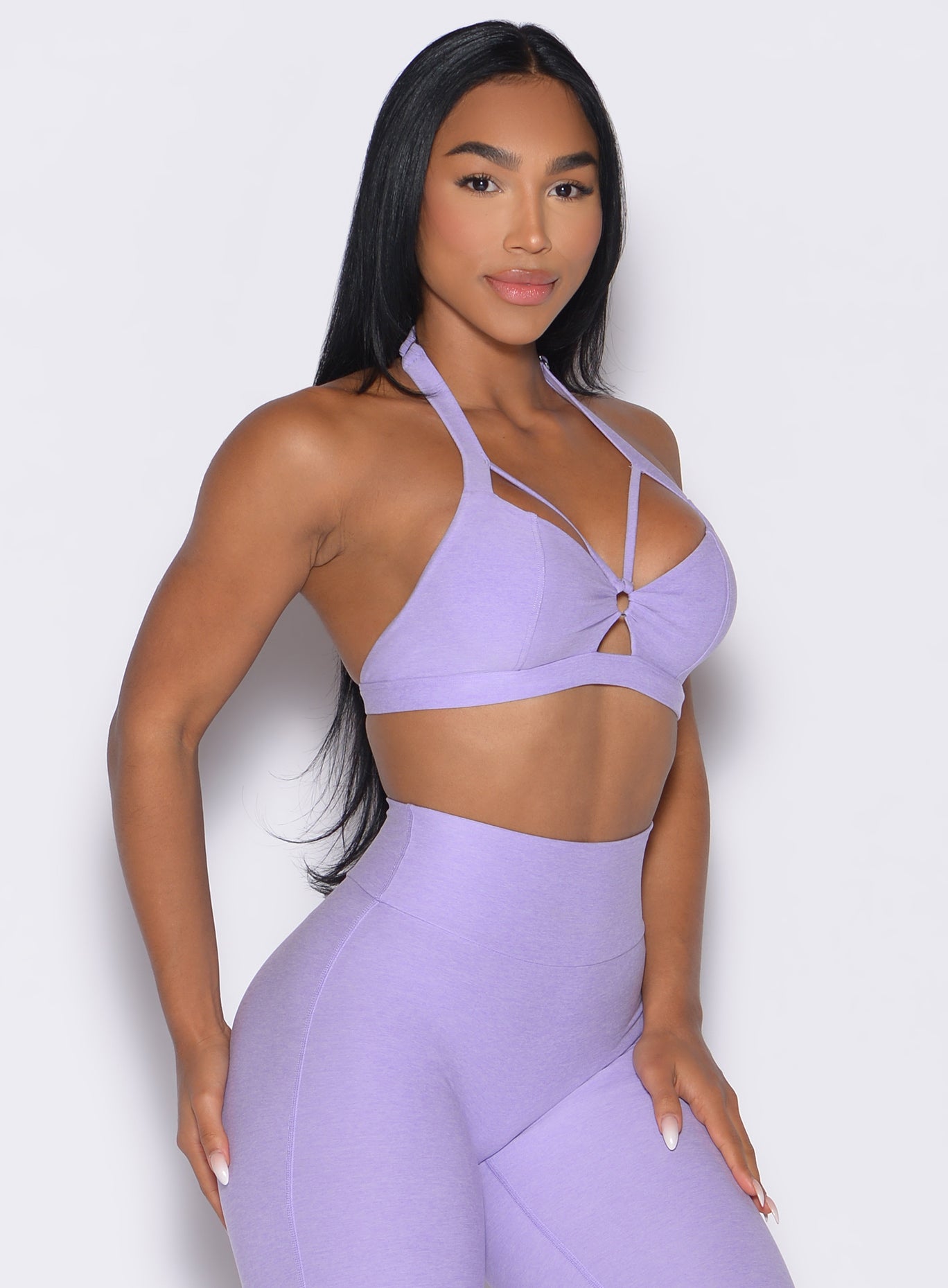 Sugared Lilac Iron Edge Bra with front keyhole and adjustable straps for high-performance support.