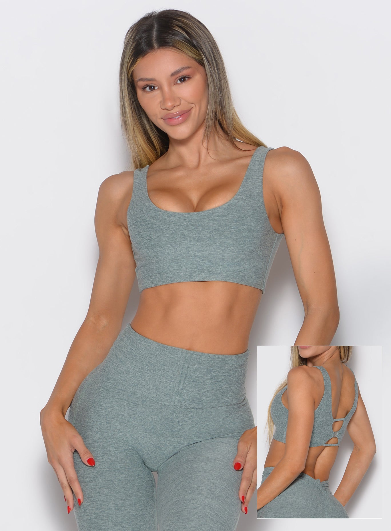 front and back profile view of a model showcasing the 2 ways wearing method of the Dualmode bra in sea moss color