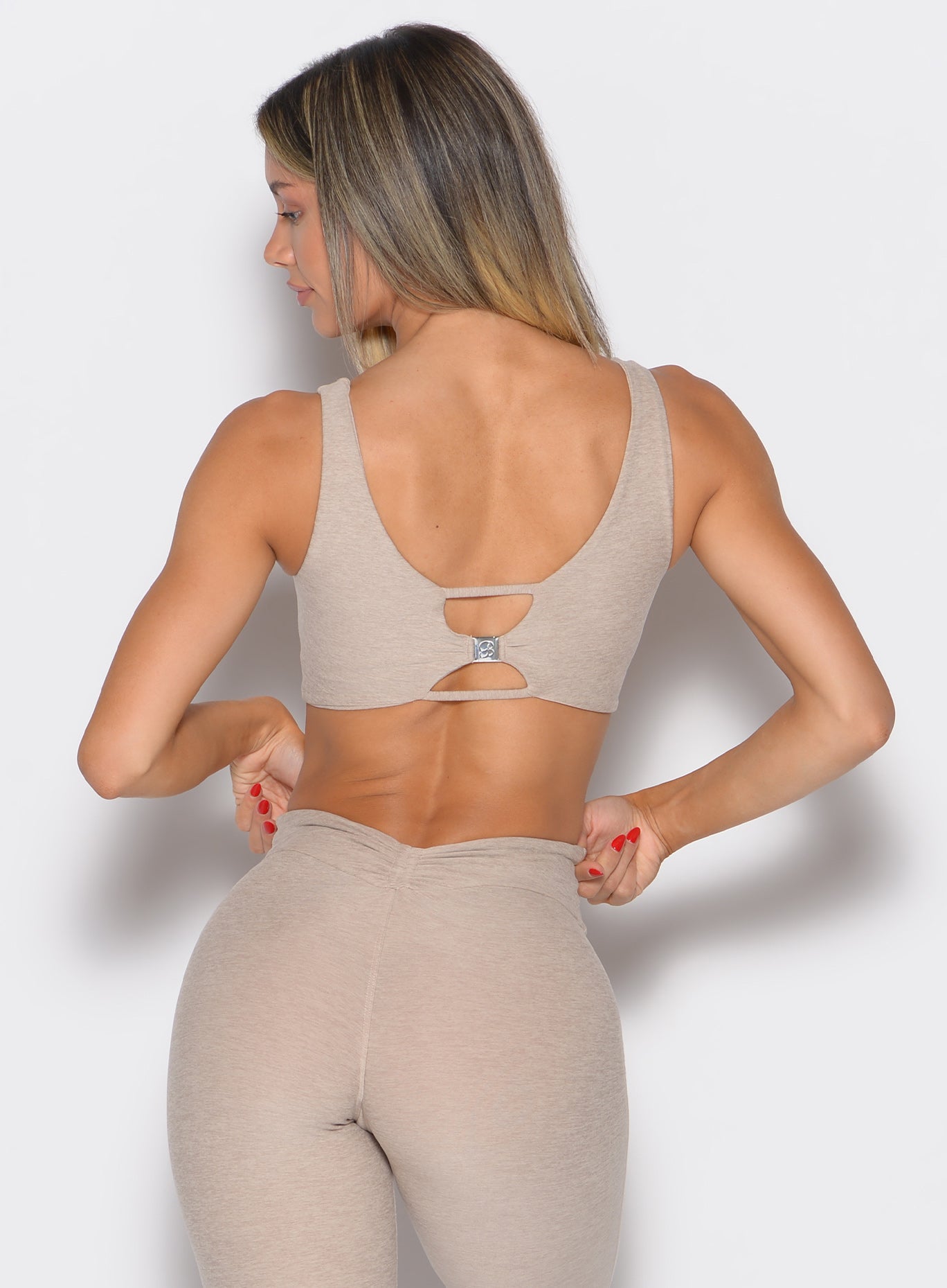 Taupe Dualmode Bra in a back profile, featuring a versatile 2-in-1 design for custom gym styling.