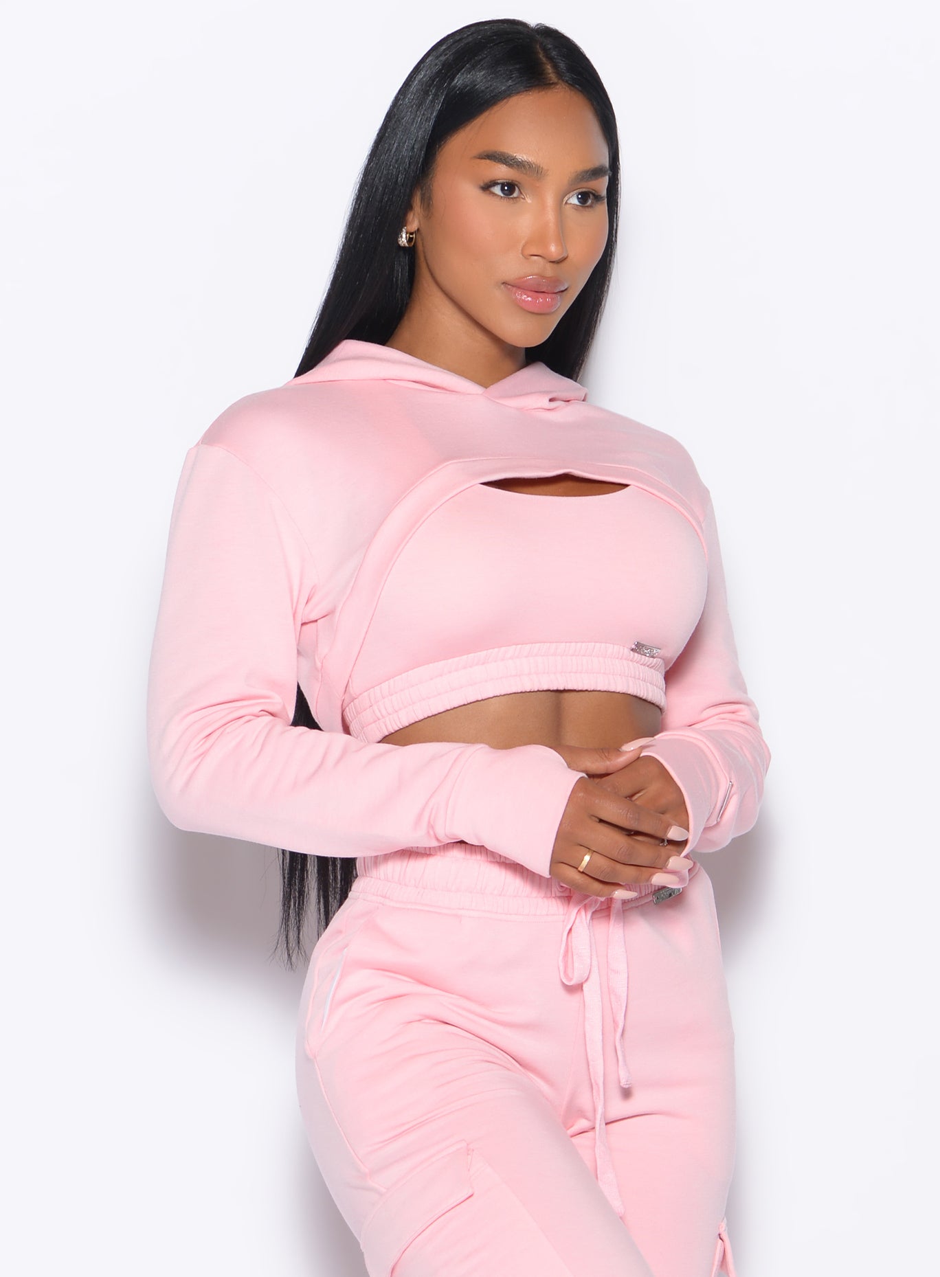 Tickled Pink Sweat Bolero Hoodie with plush fleece and thumbholes for cozy lounge style.