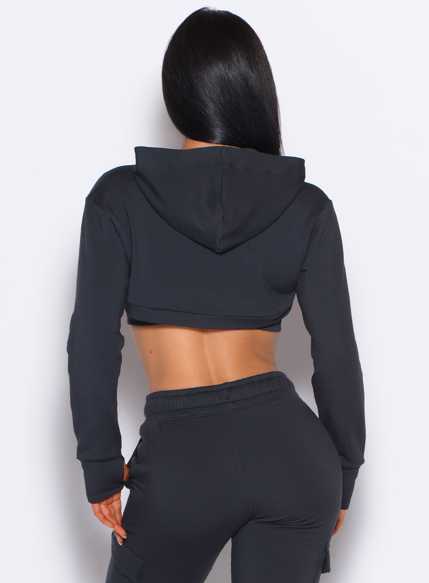 Vintage Black Sweat Bolero Hoodie in plush fleece with thumbholes for a cozy, edgy lounge layer.
