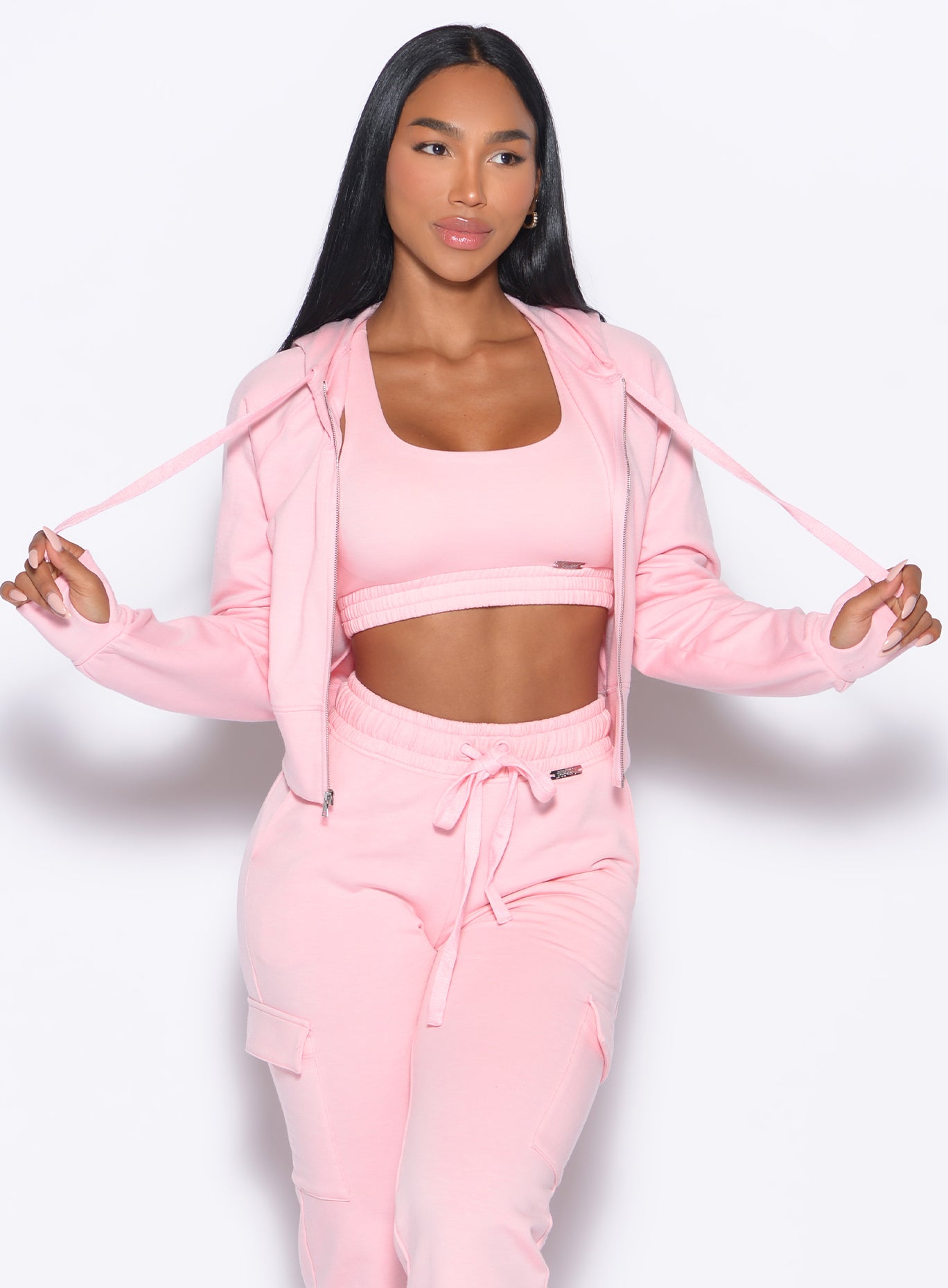 Soft fleece Sweat Hoodie in Tickled Pink; a relaxed gym layer with functional drawstrings.