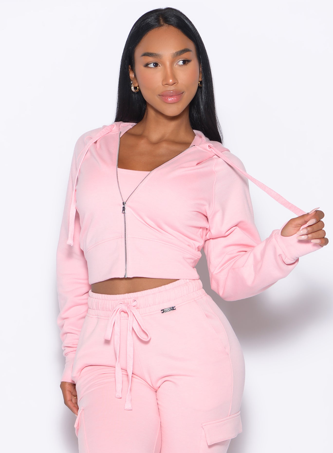 Tickled Pink Sweat Hoodie bolero shrug in plush fleece with thumbholes for cozy gym layering.
