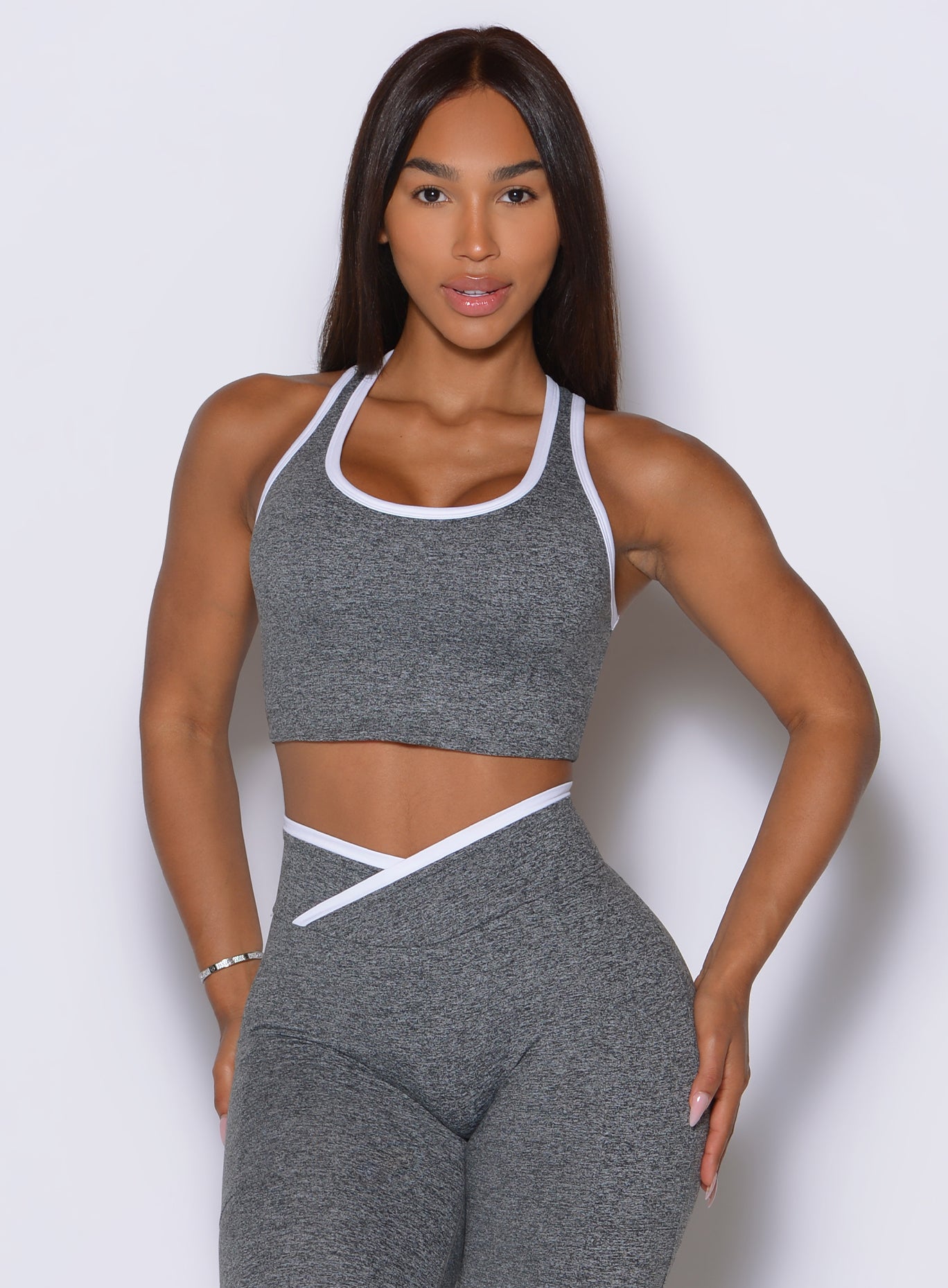 Finish Line Tank in Heather Gray/Black with racerback, white contrast trim, and smooth workout fit