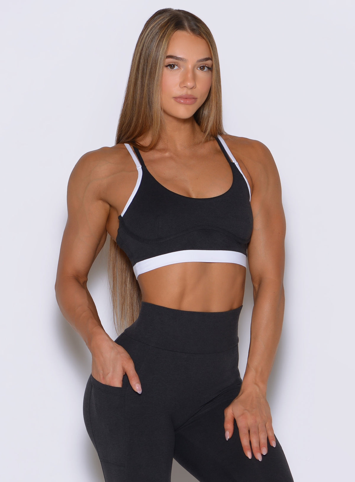 Bombshell Sportswear Gotta Have It Bra Obsidian Black with white contrast binding details.
