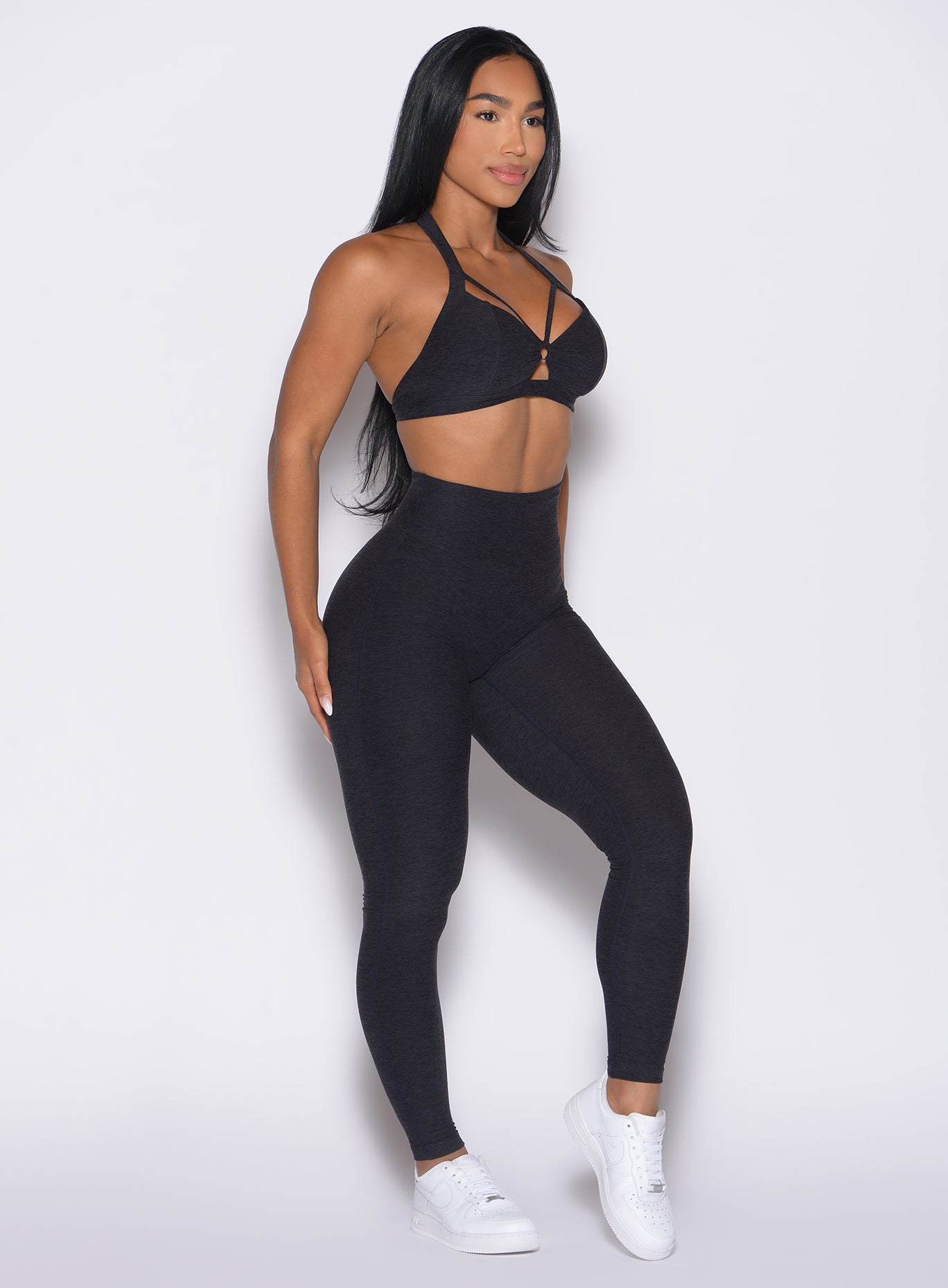 Heathered Onyx Movement Leggings with a sweetheart butt seam for a lifting, sculpting gym fit.