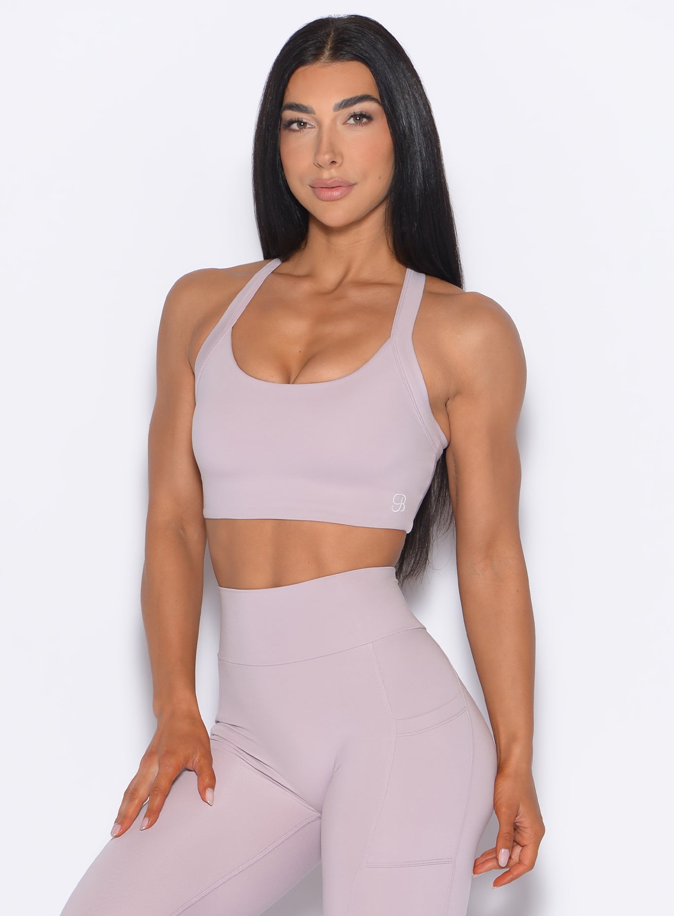 Violet Ice High Impact Bra with scoop neck and adjustable straps for intense training.
