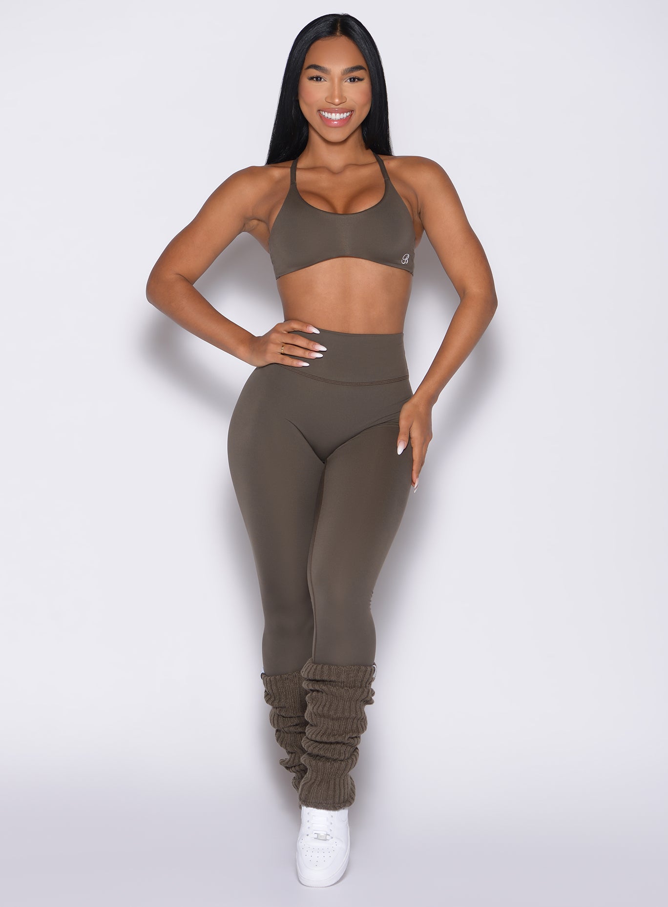 Winter Oak Luxe Leg Warmers in a plush knit with top elastic for cozy, secure gym layering.