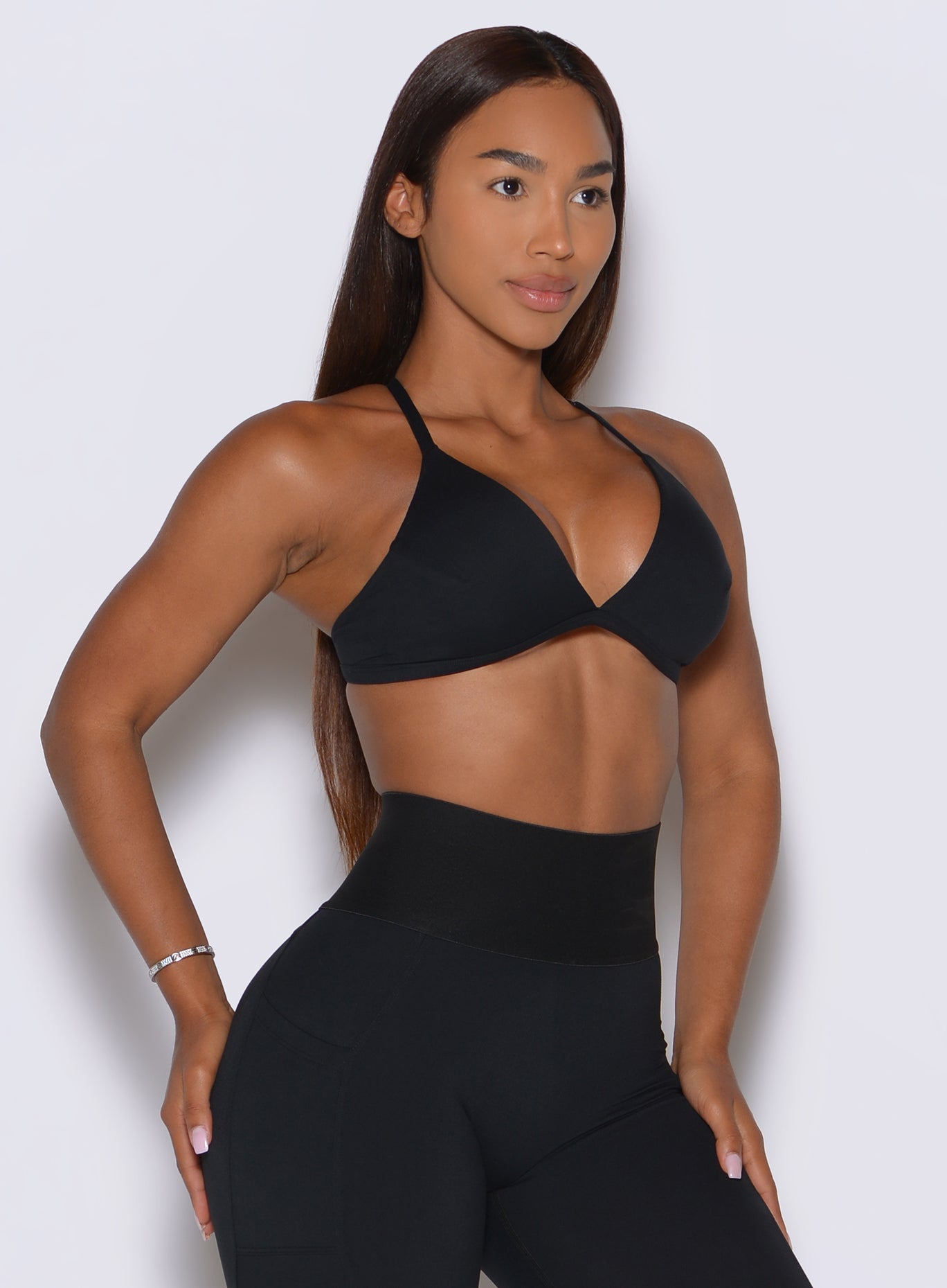 Sleek black Kini Bra with deep v front and soft skin feel for ultimate workout confidence