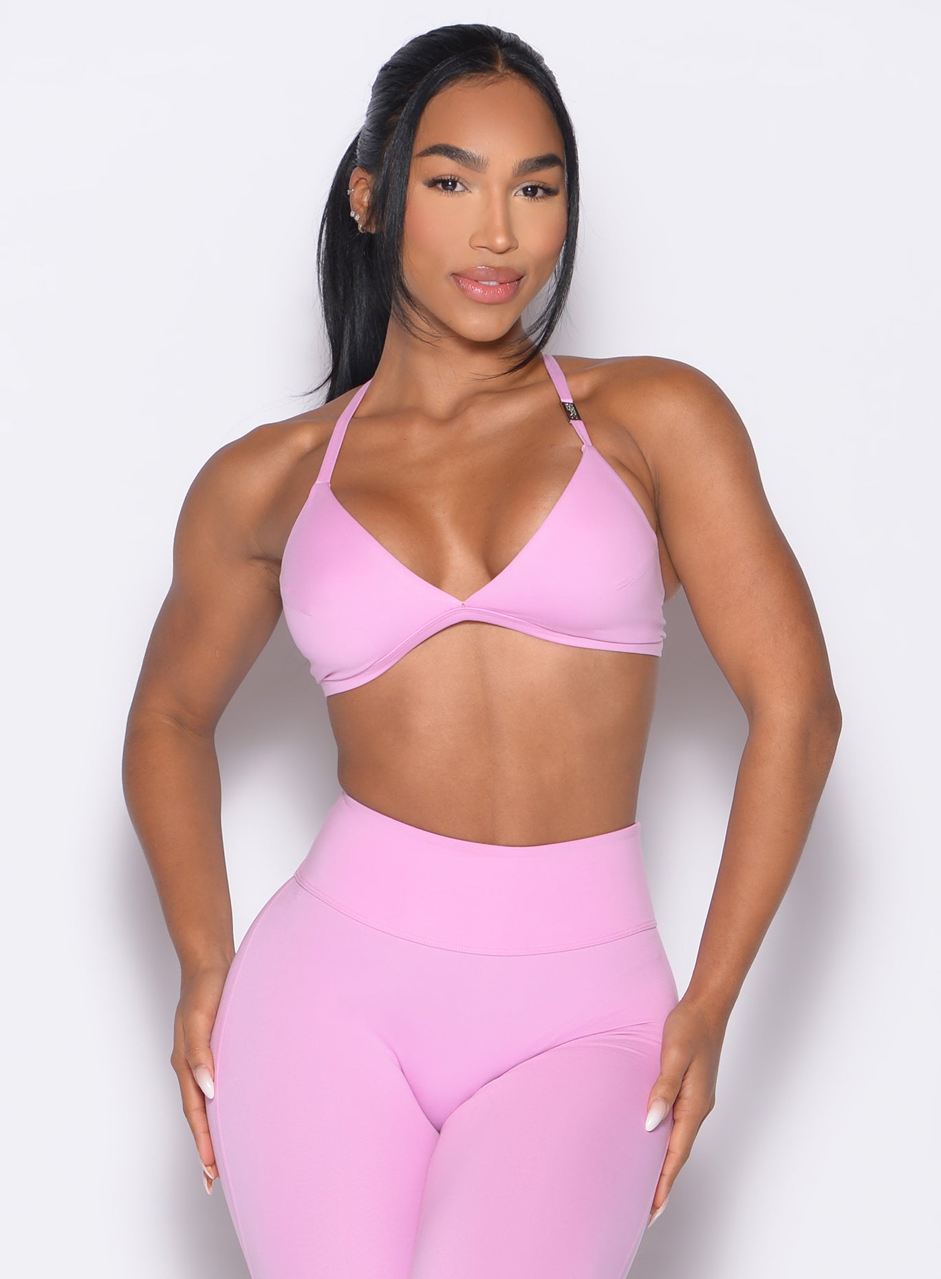 front profile view of a model wearing the Kini Bra in Lilac Chiffon color