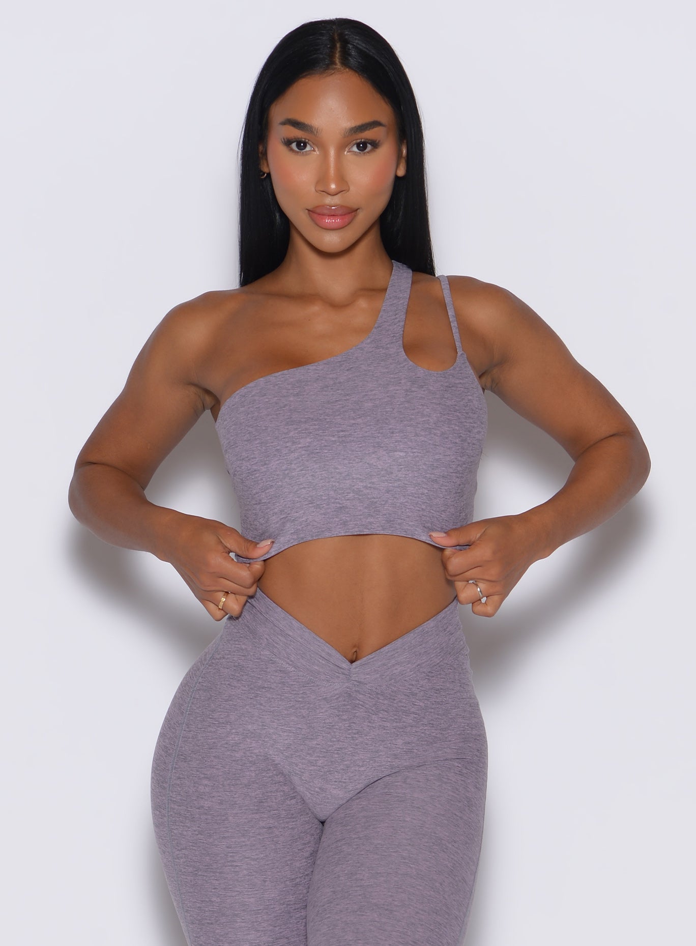 Lilac Grey Lateral Top with seamless sculpting for a performance-driven gym fit.