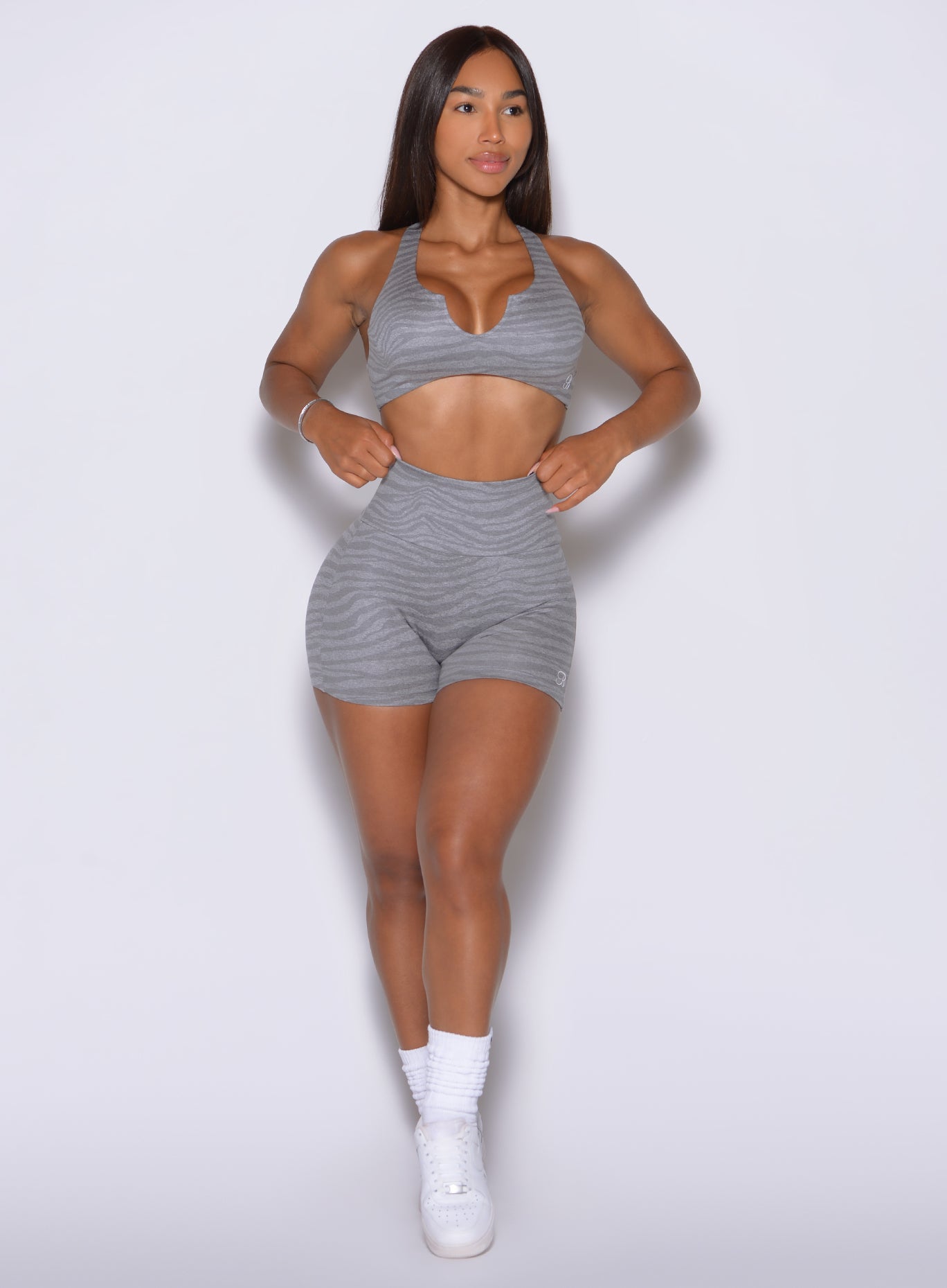 Dark and Stormy zebra print elevates Lift Movement Shorts with a sculpting crossover waistband and soft stretch
