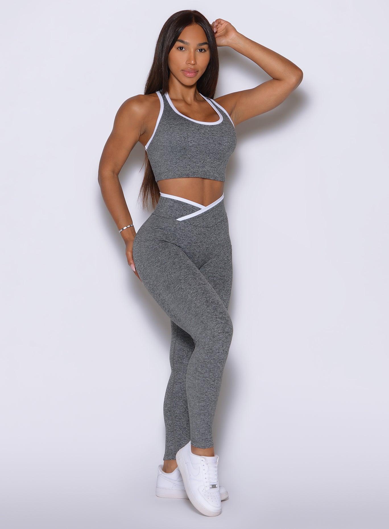 Heather Gray/Black contour leggings with a flattering crossover V-waistband and white contrast trim