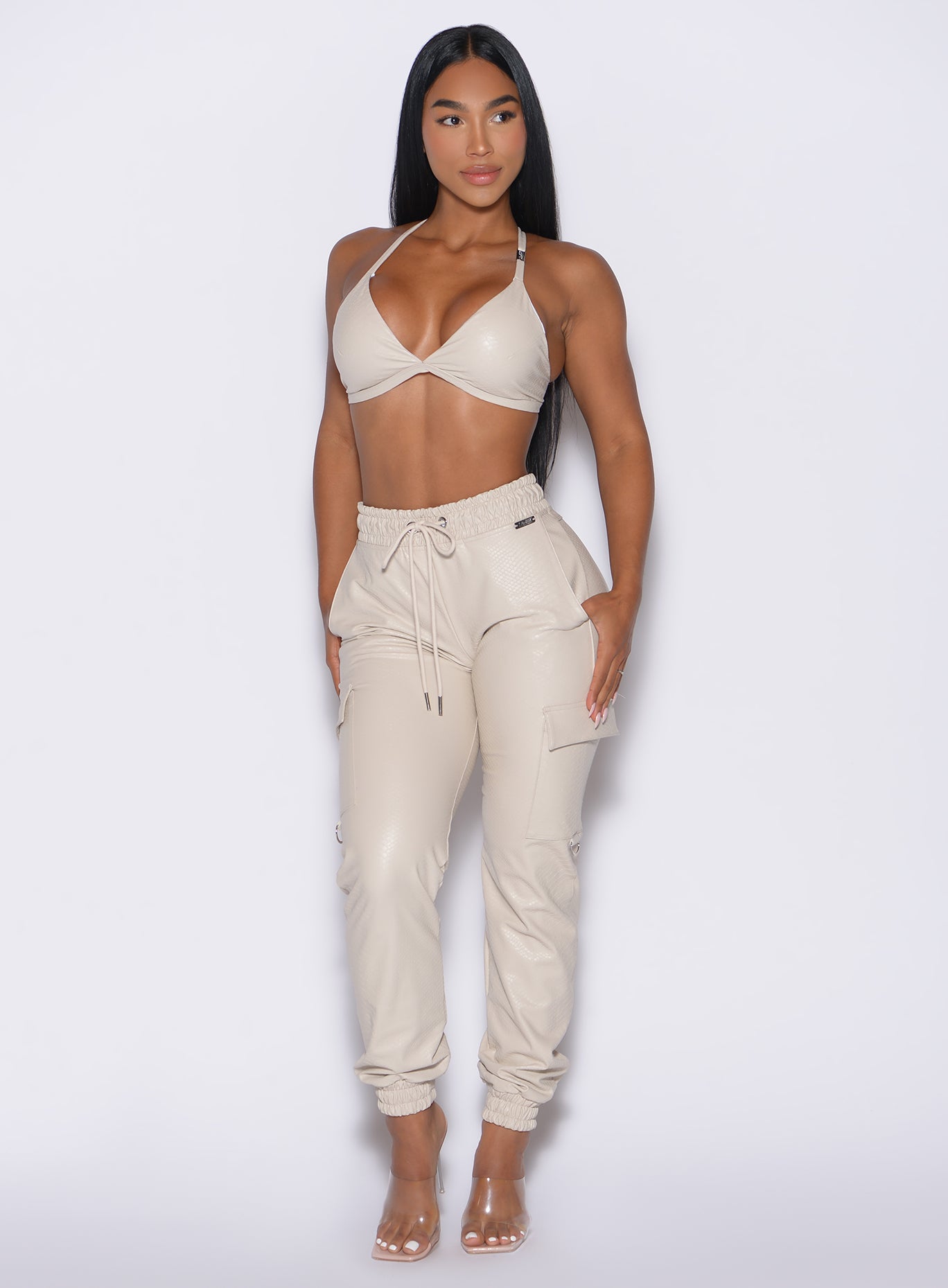 Champagne Liquid Cargos in sleek PU leather with a high-waisted fit for effortless day-to-night style.