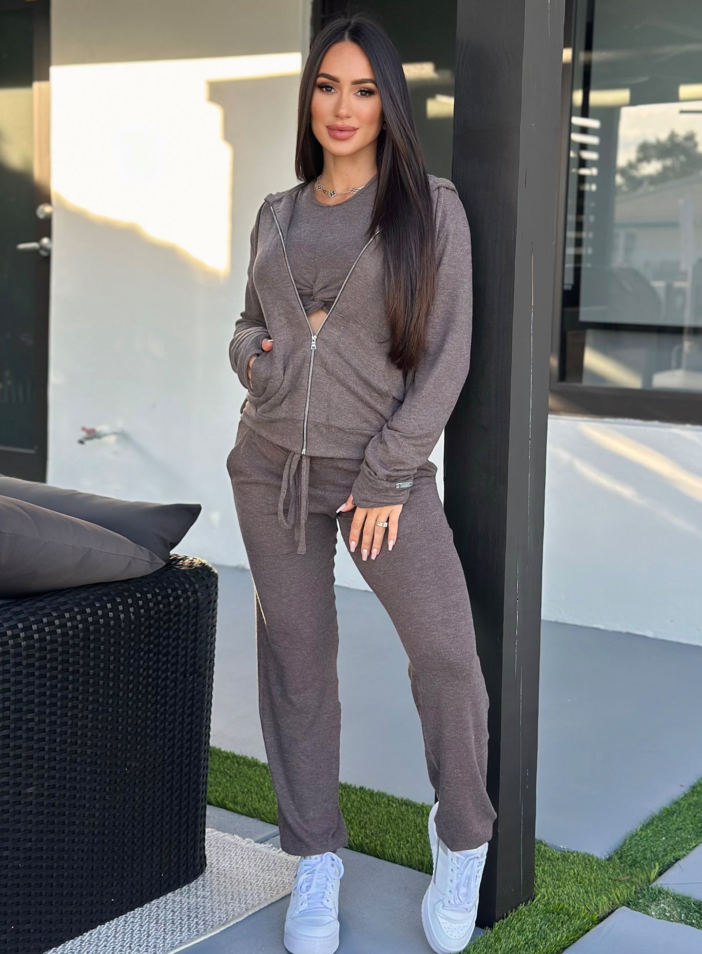 Cozy Chocolate Gym Crush Hoodie with a full front zipper, thumbholes, and relaxed lounge fit.
