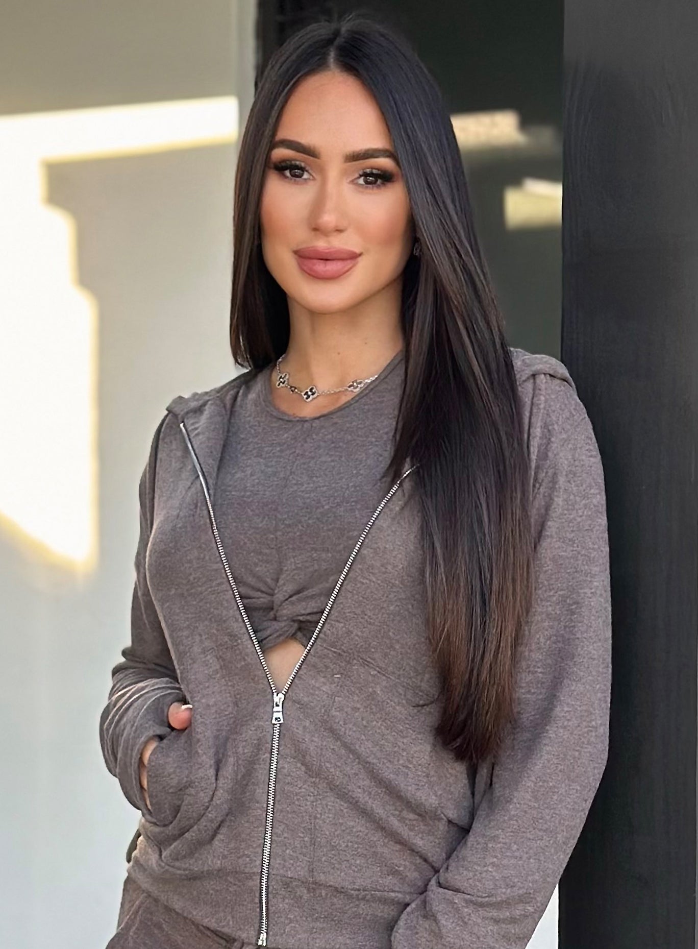 Cozy Chocolate Gym Crush Hoodie with relaxed fit, full-zip front, and comfy thumbholes.