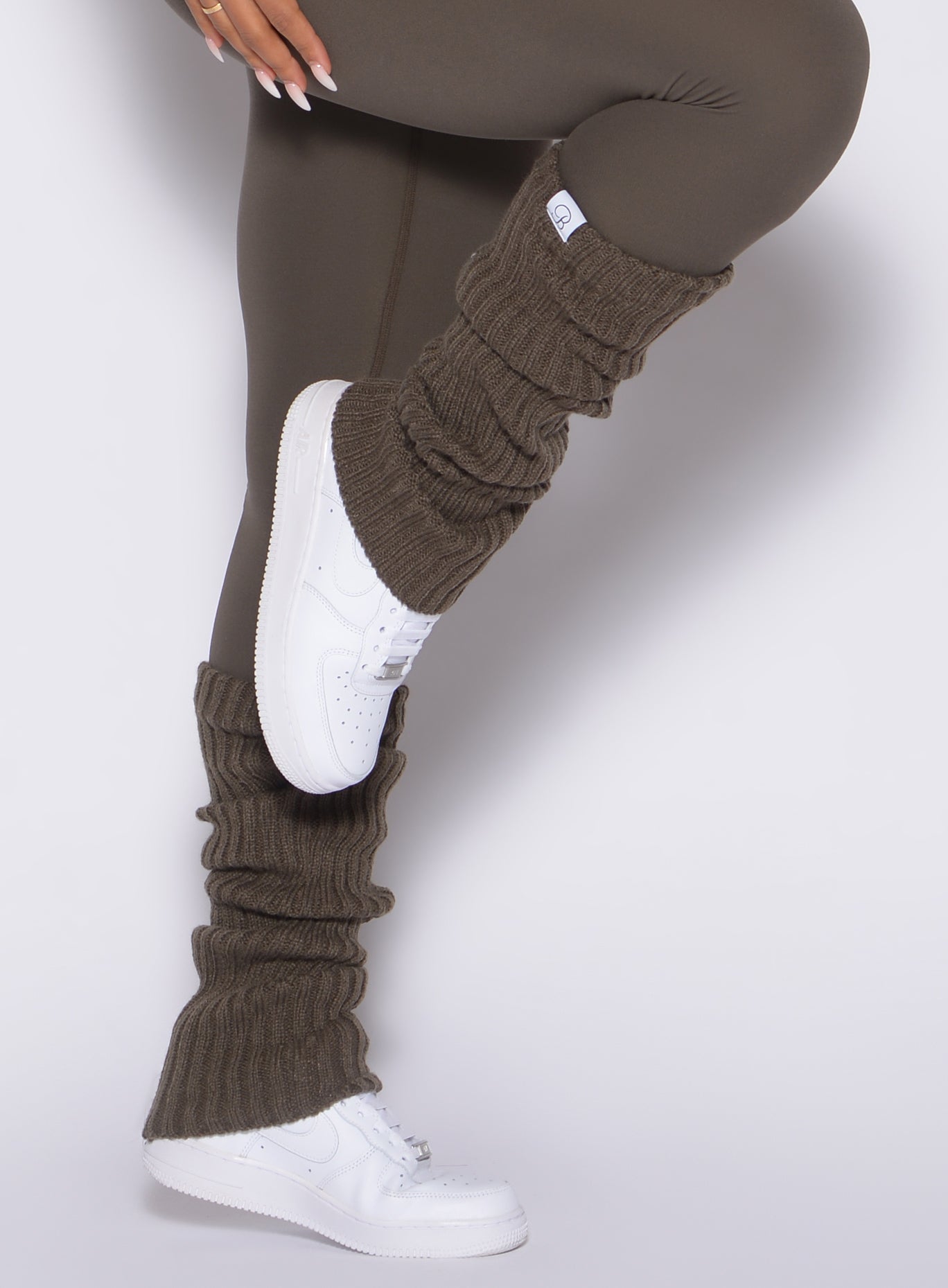 Plush ribbed Winter Oak Luxe Leg Warmers with top elastic for a secure, stylish gym layering fit.