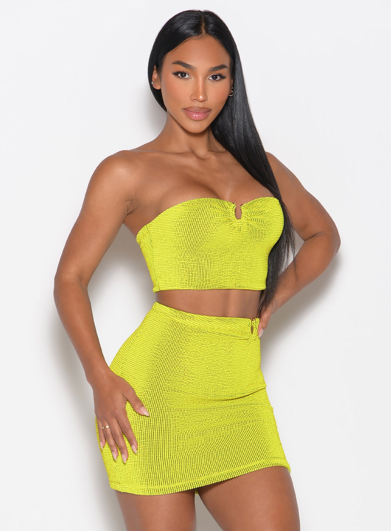 Side profile of the Lemon Drop Neon Nights Bikini Bandeau, designed for seamless swim-to-night transitions.