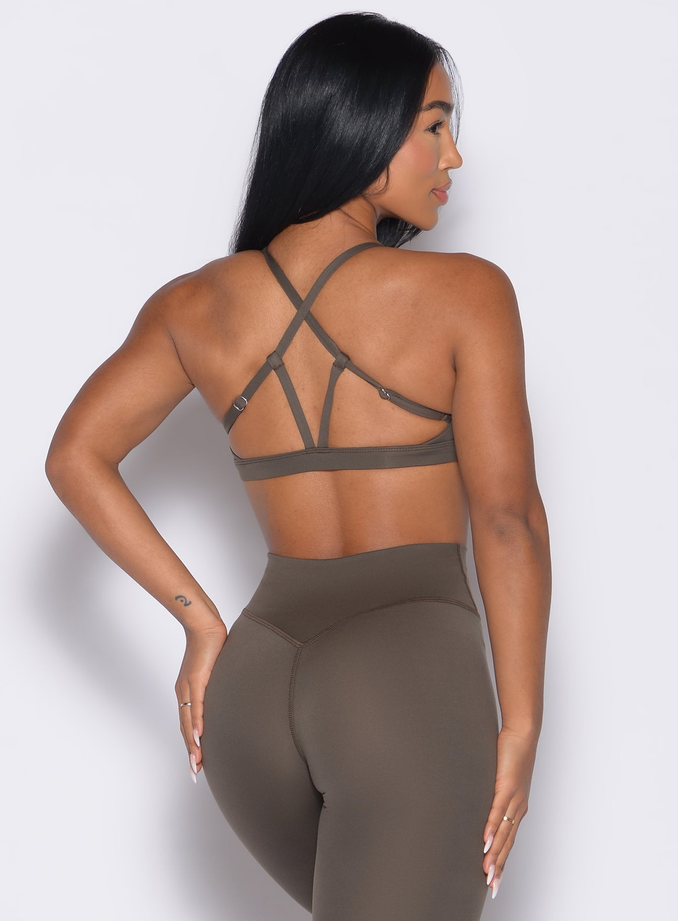 Winter Oak Passion Sports Bra with high-impact compression and a strappy, open-back design.